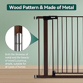 Mom\'s Choice Award Winner-BABELIO 26-40 Metal Baby Gate with Black Wood Pattern, PressGuard C5 Easy Install Pressure Mounted Dog Gate for Stairs and Doorways, with Wall Protectors and Extension Kits
