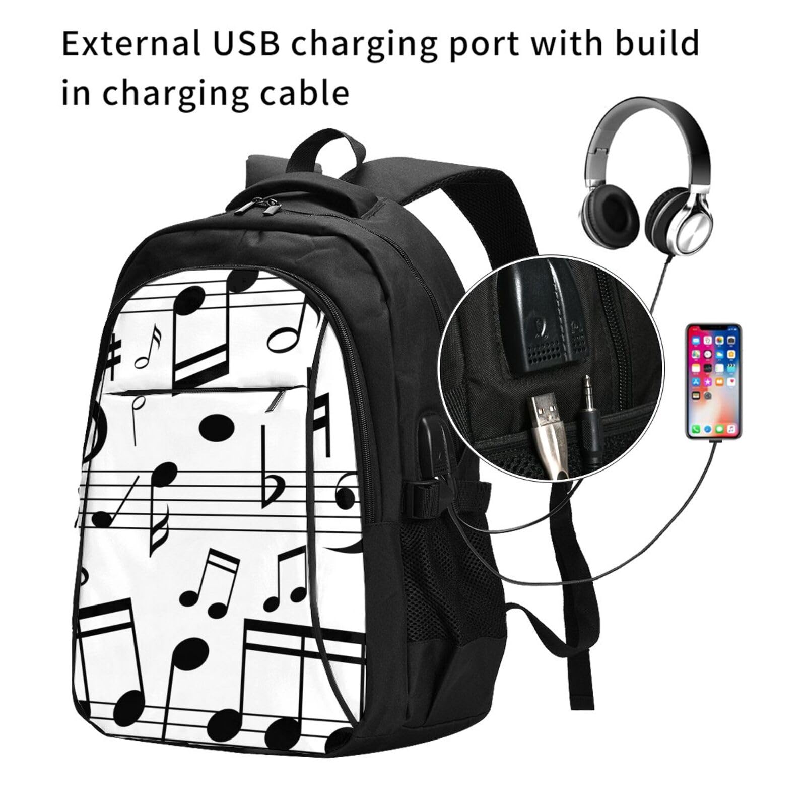 InOmak Schwarze Musik Noten Skalen, Reiserucksack, Freizeitrucksack, Schulrucksack, Laptop-Rucksack für Damen und Herren