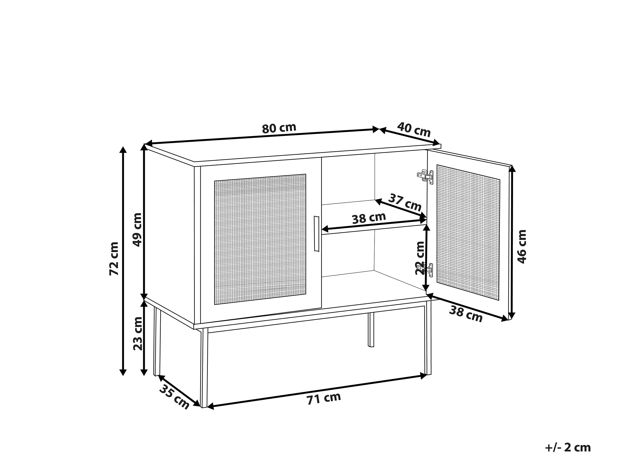 Credenza moderna a 2 ante in rattan con parte anteriore in vimini e gambe in metallo, 72 x 80 cm, finitura in legno chiaro, soluzione elegante per la casa.