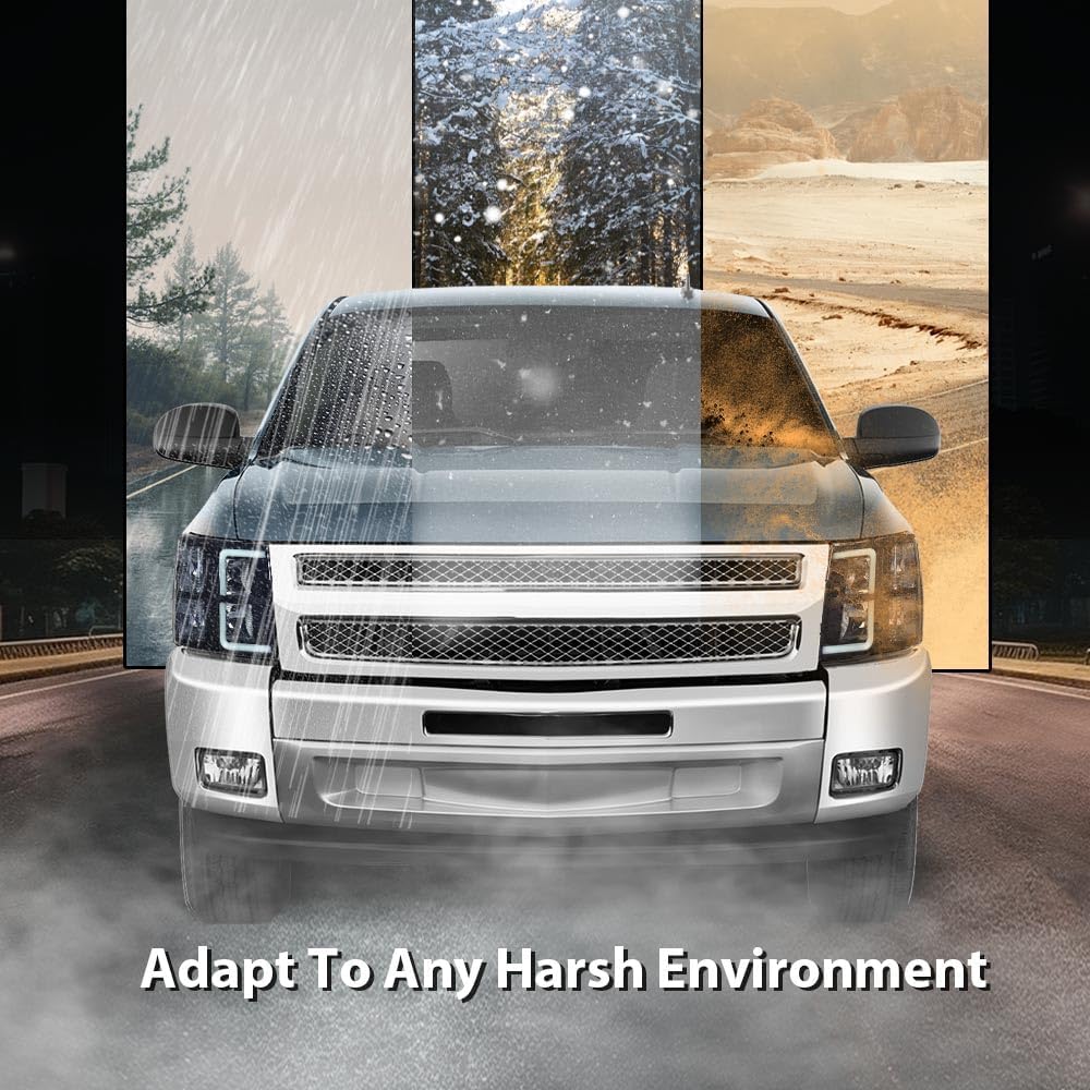 ANDPLAY LED DRL Tube Projector Headlights Assembly Compatible with Chevy Silverado 1500 2007-2013 Fit Silverado 2500 HD 3500 HD 2007-2014 Headlamps Smoke Lens Black Housing Clear Reflector