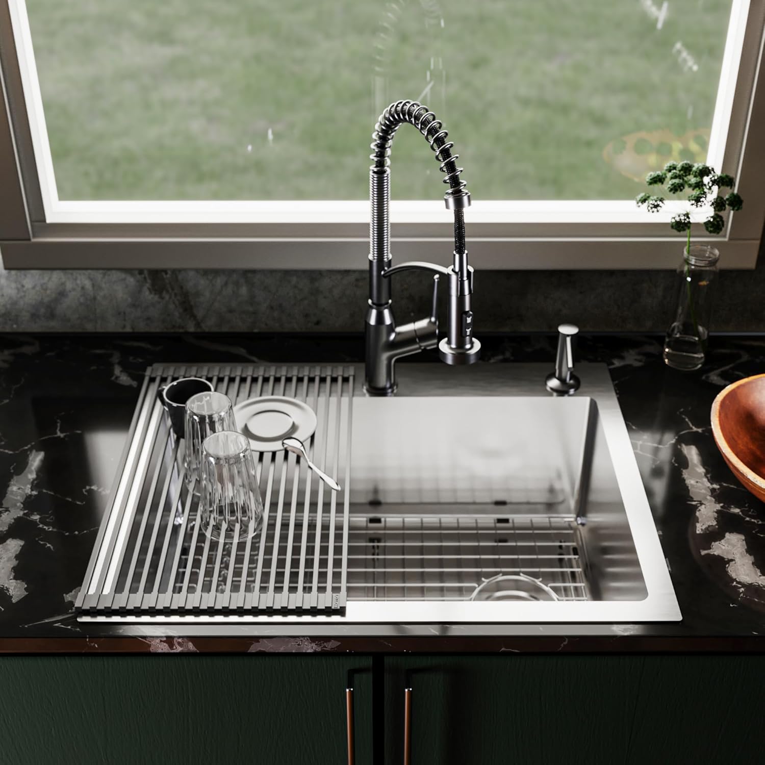 Karran Fusion 28" Kitchen Sink Drop In, Top Mount 16 Gauge Stainless Steel Single Bowl with Accessories, Grid, Strainer & Drying Mat