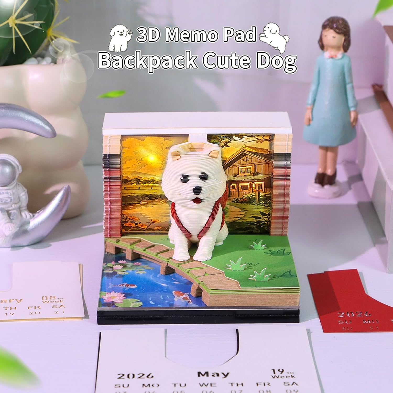 3D Calendar 2026, Time Piece Calendar With 52 Weekly Calendars for 2026, Magic Book and Cute Owl Paper Carving Art Note Book, Suitable for Room and Office Desktop Decoration, Gift Giving (Dog)