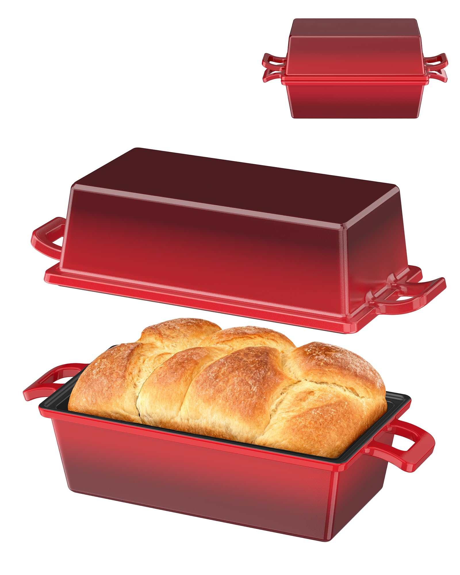 iHomara Moule à pain avec couvercle, 21 cm casserole en fonte pour cuire la pâte, 2-en-1 plaque ou récipient, allant au four