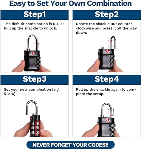 Miniatura 3 de Cerradura de combinación aprobada por la TSA, cerraduras de equipaje compactas y duraderas, contraseña reiniciable de 3 dígitos para viajes,