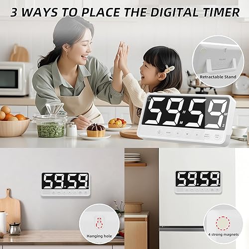 Miniatura 7 de Temporizador digital de cocina de pantalla extragrande con pantalla LED de 7.4 pulgadas, 6 alarmas y 4 niveles de volumen, 3 ajustes preestablecidos