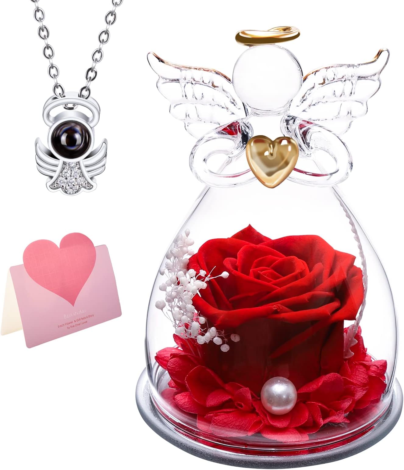 Mothers Day Flower Gifts-Angel Gifts for Mom-Angel Rose Eternal Flower Gifts for Women,Handmade Angel Gift Eternal Rose,Rose Flower Strap Necklace for Mom Wife Ladies Wedding Christmas Home Decor