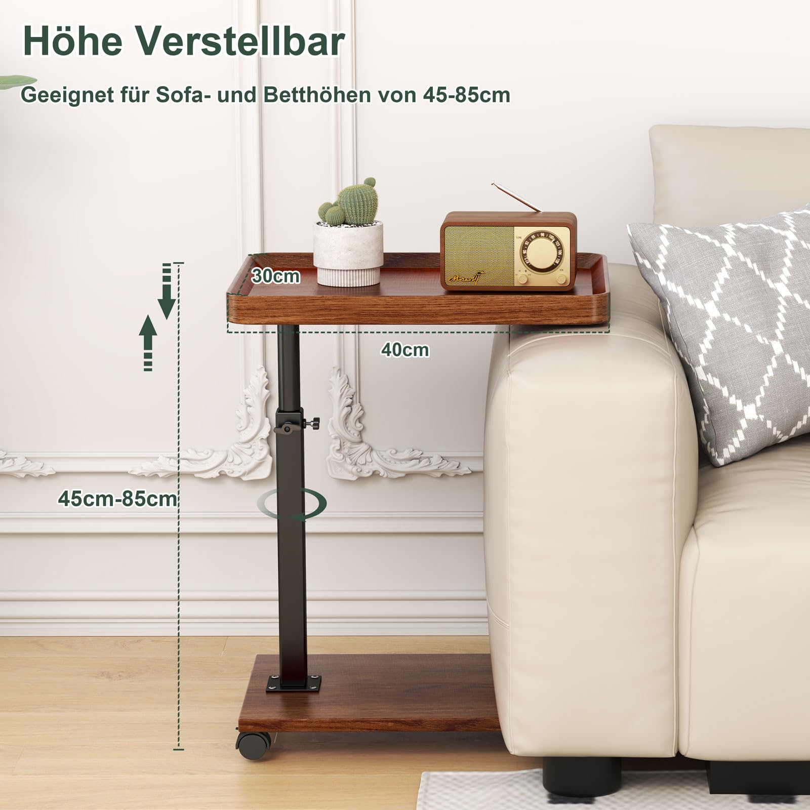 Tavolino a forma di C regolabile in altezza con ruote, rotazione a 360°, tavolino in legno, tavolino mobile per divano, letto, tavolino moderno per salotto (quadrato)