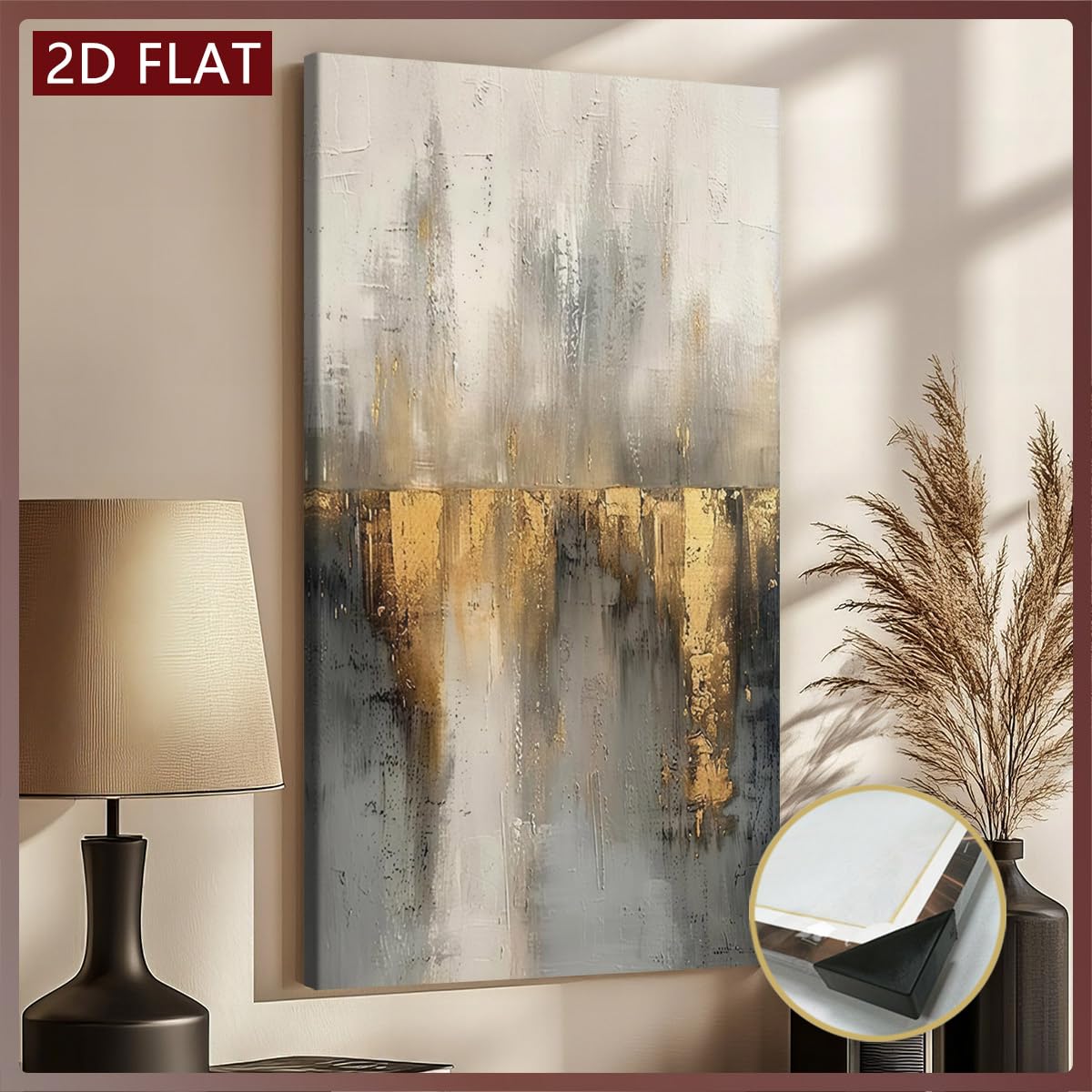 UUDEZO Lienzo enmarcado con texturas y diseños abstractos dorados - Decoración de pared para sala de estar (75 x 150 cm (30 x 59 pulgadas) con marco)