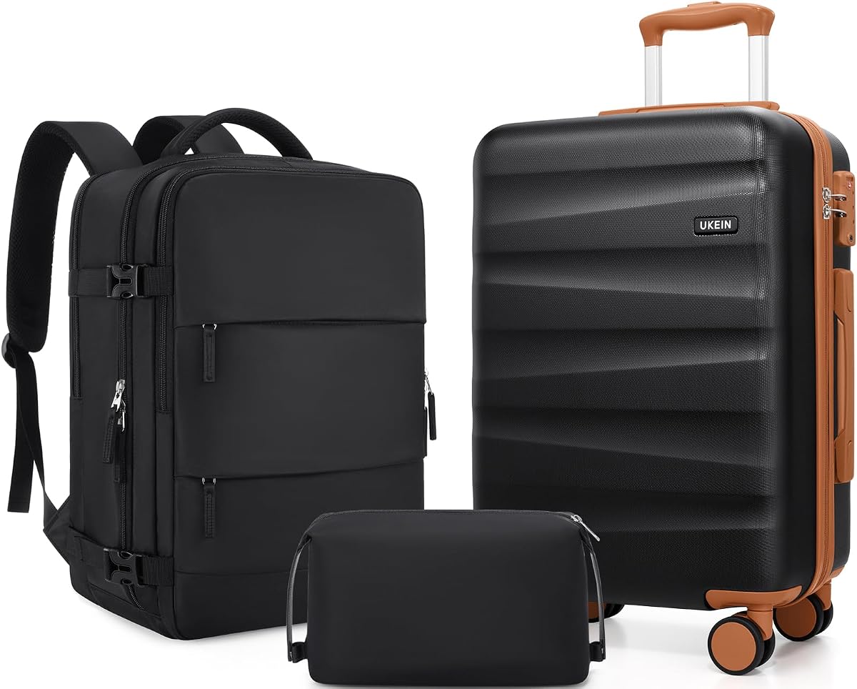 UKEIN Luggage Set with Backpack,Hardshell Carry On Luggage Airline Approved | 20inch Suitcase Set with 360° Smooth Spinner Wheels,TSA Lock,YKK Zippers,Lightweight 3 Piece,Polycarbonate