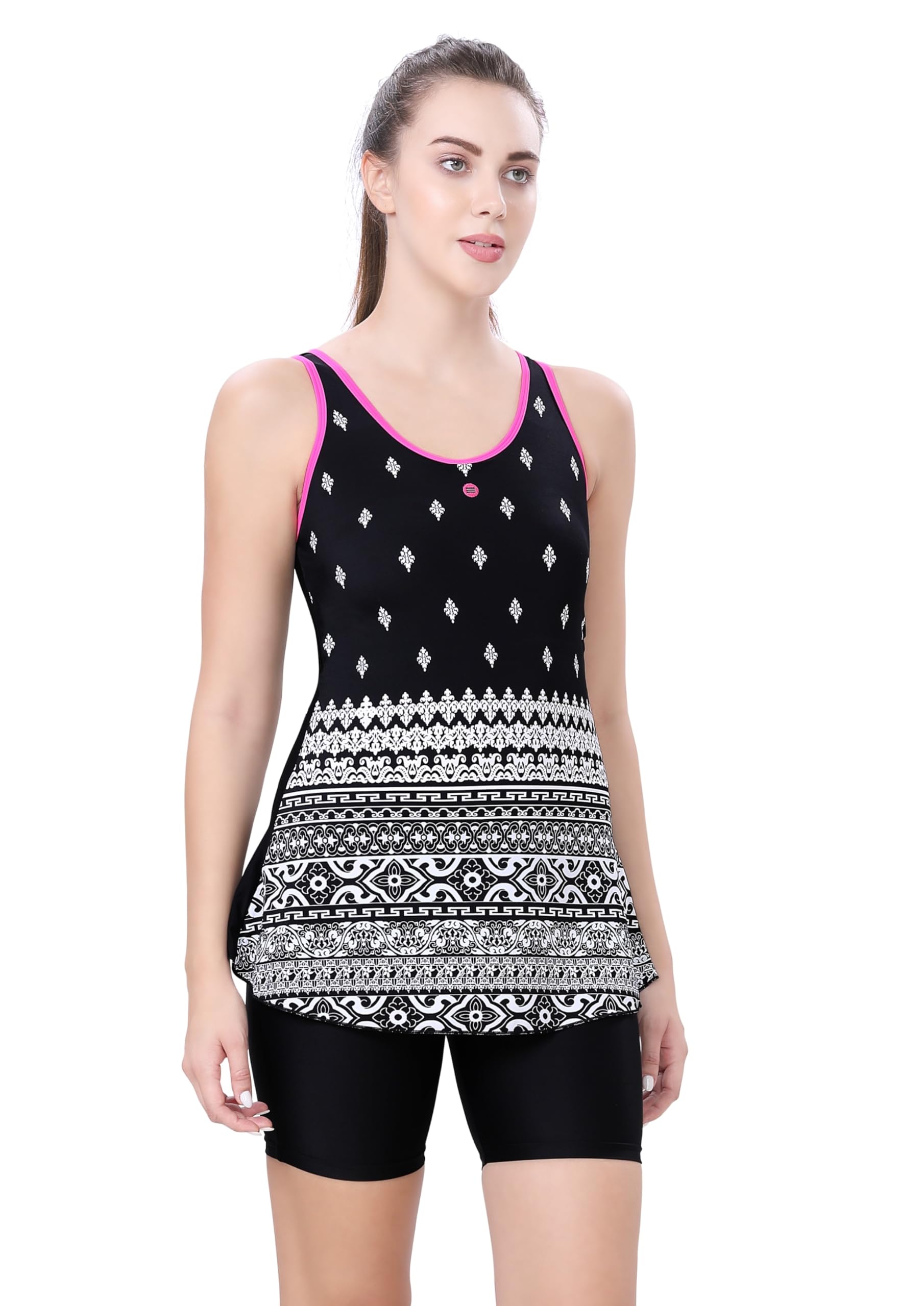 U-Back Printed Panel Boyleg Swim Dress with Padded Bust Support-image-7