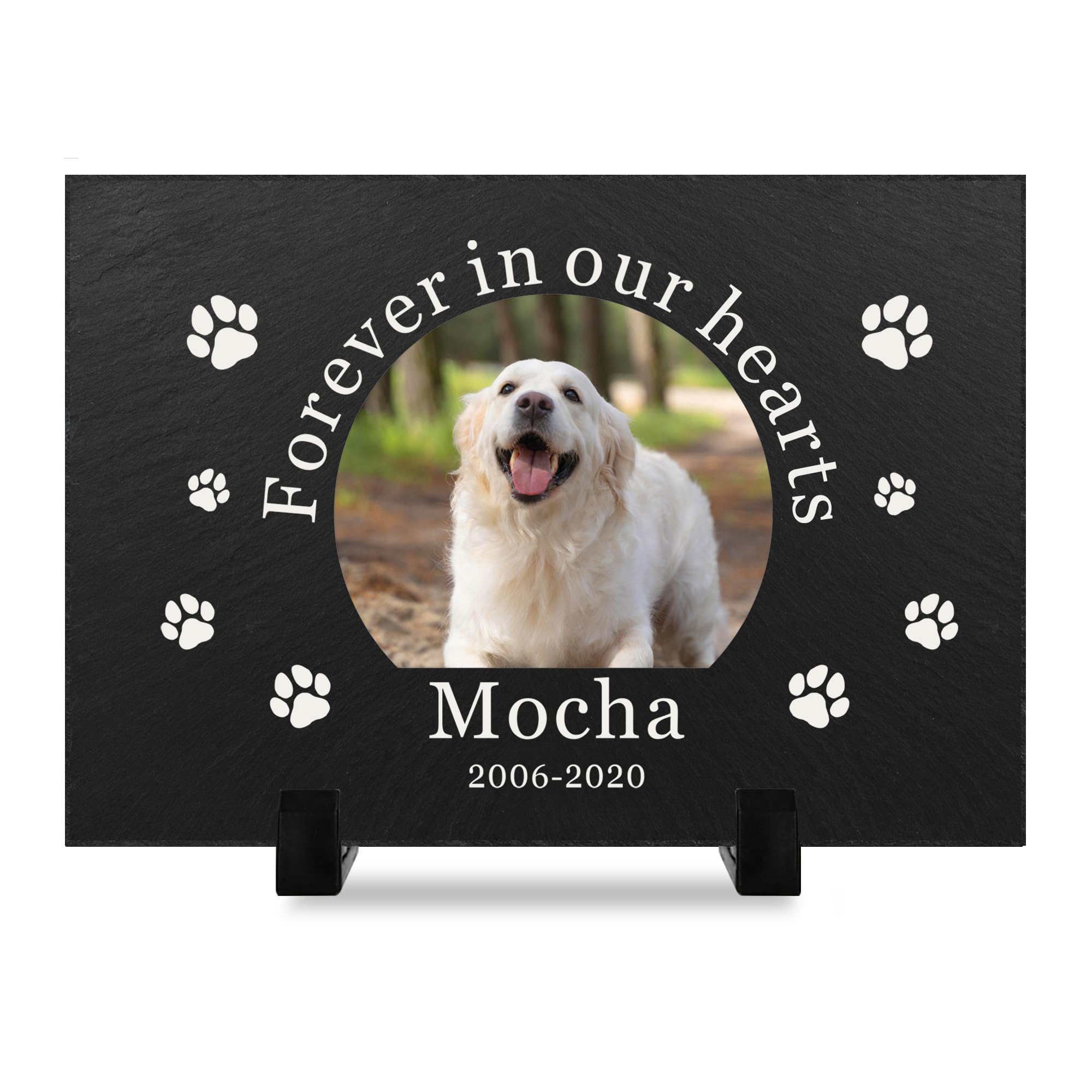 Personalised Dog Memorial Gifts Custom Pet Memorial Plaques Pet Bereavement Gifts with Any Photo & Name Natural Slate Plaque Gifts for Loss of Dog Cat Pet Puppy with Display Stand (30x20cmοΌDesign 6)