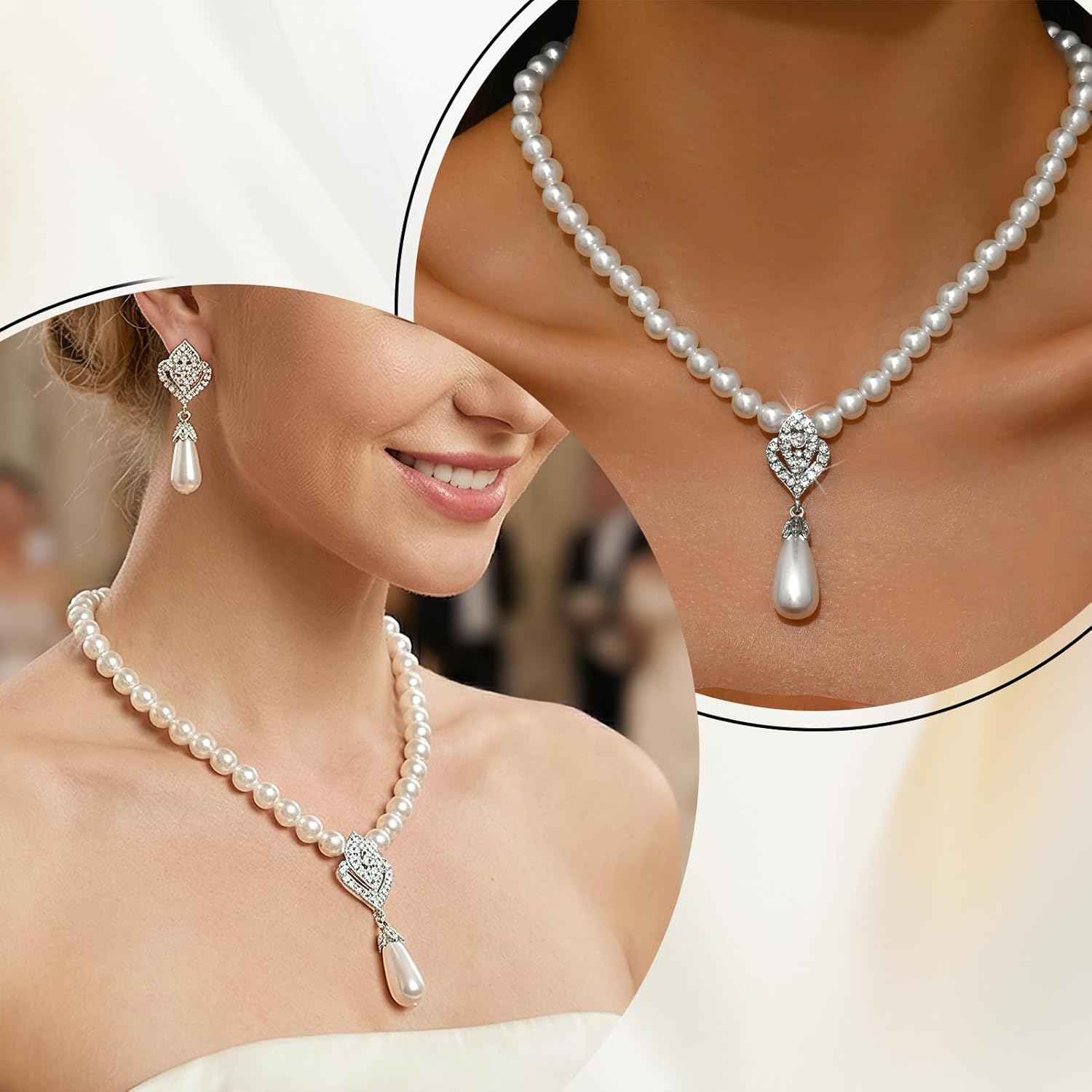 Pearl Necklace Set,Fake Pearl Necklace and Earring Set Accessories,White Bridal Pearls Jewelry Sets for Women,Gifts for Women Wedding Accessories Sets and Prom Party Outfit Decoration - Image 5