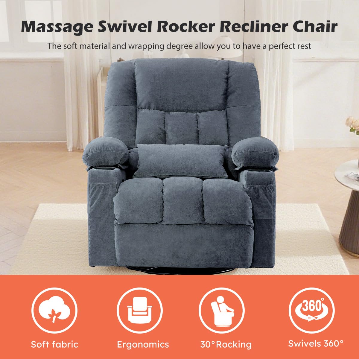 MAHOMICO Recliner Chair with Cup Holders for Living Room Single Seat Manual Oversized Recliner with Ergonomic, Side Pocket for Adult view 6