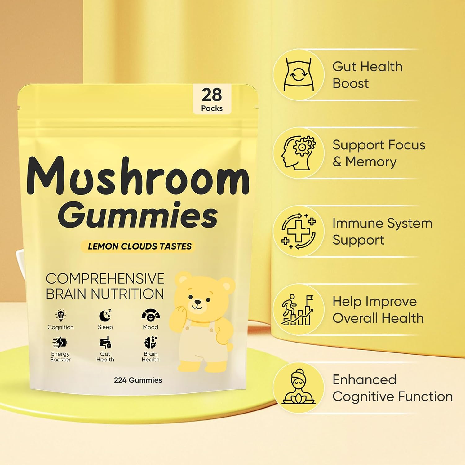 71BYiofdfgL._AC_SL1500_ Lions Mane Mushroom Gummies – 10,000 mg Adaptogenic Mushroom Complex per Serving, Vegan, Low Sugar/Sugar-Free, Brain & Focus Support Supplement, 28 Daily Sachets