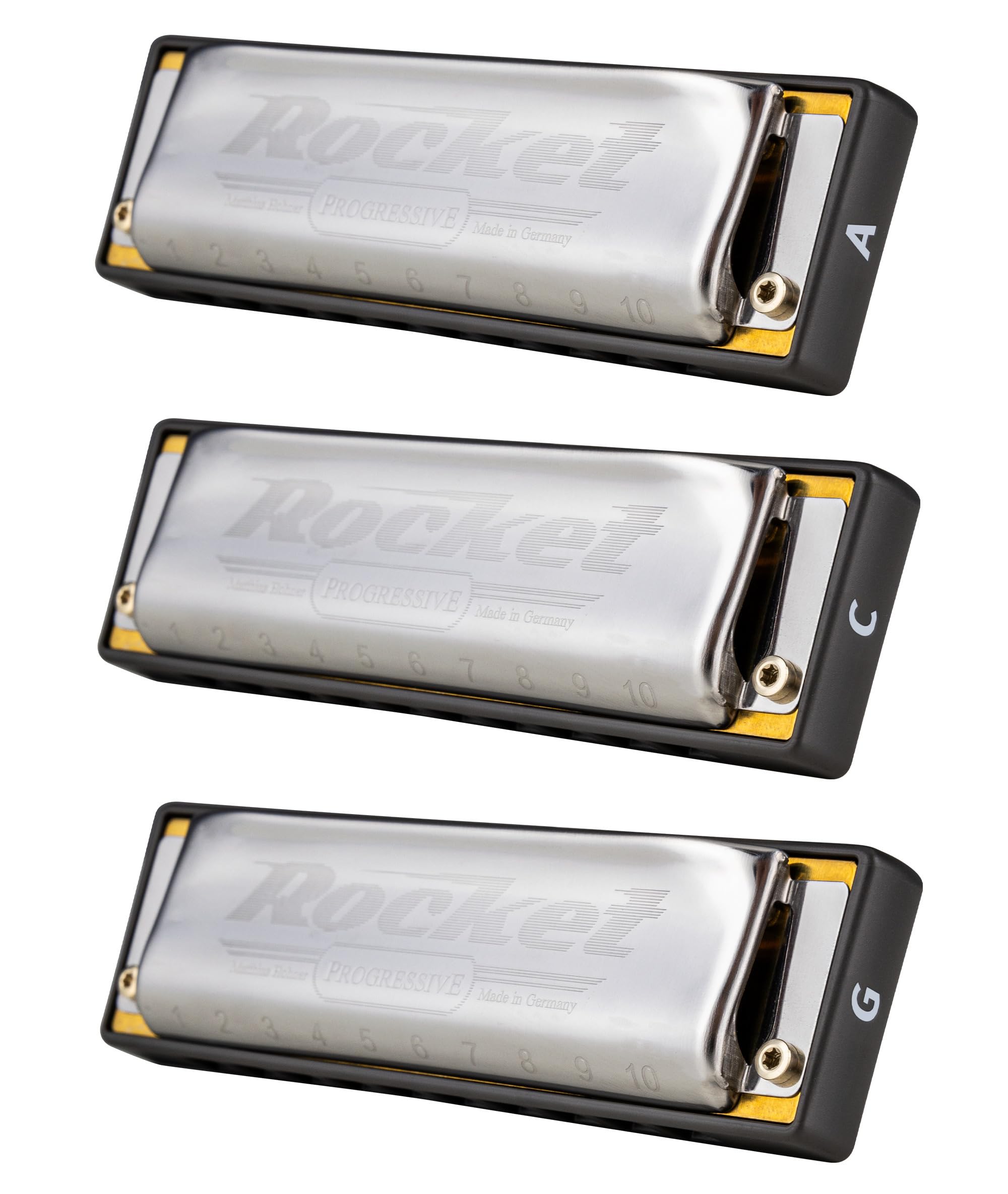 Hohner Progressive Rocket Harmonica Pro Pack C G A Major (M2013PP), Silver