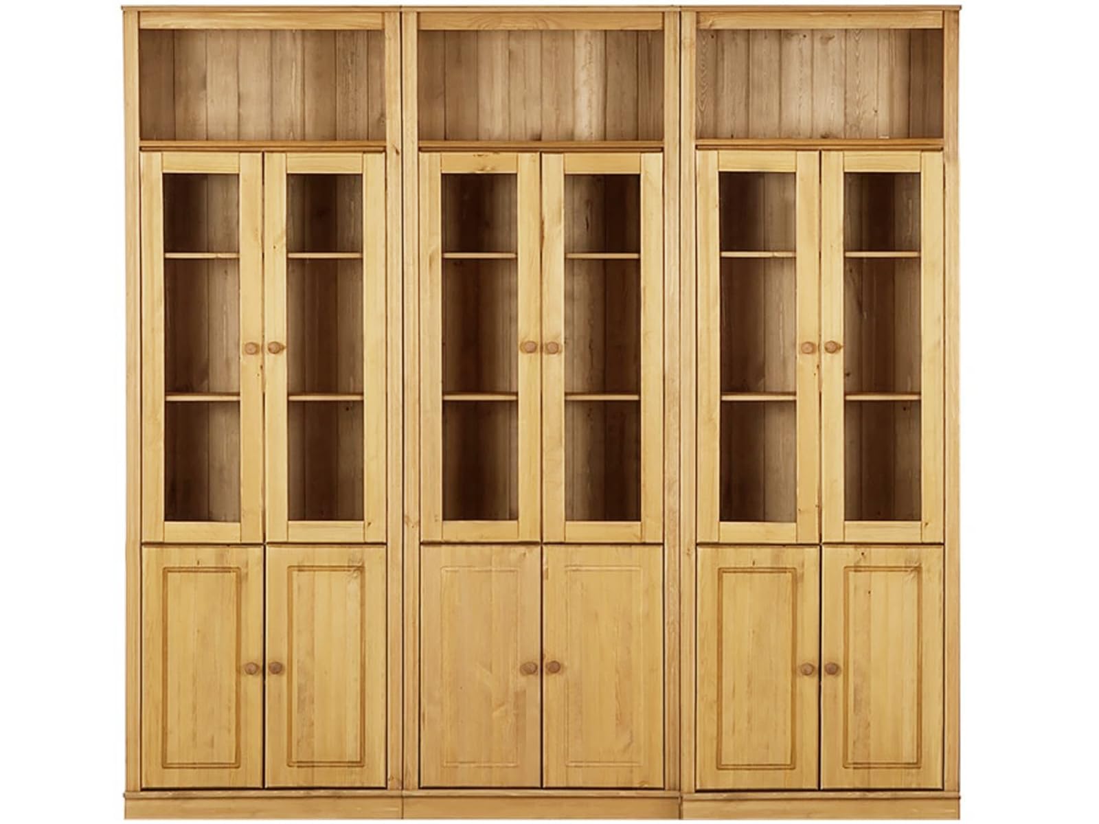 Anita Wall Unit 8 with 3 bookcases, 6 wooden doors and 6 glass doors in stained wax,37x223x222 cm (DxHxW)