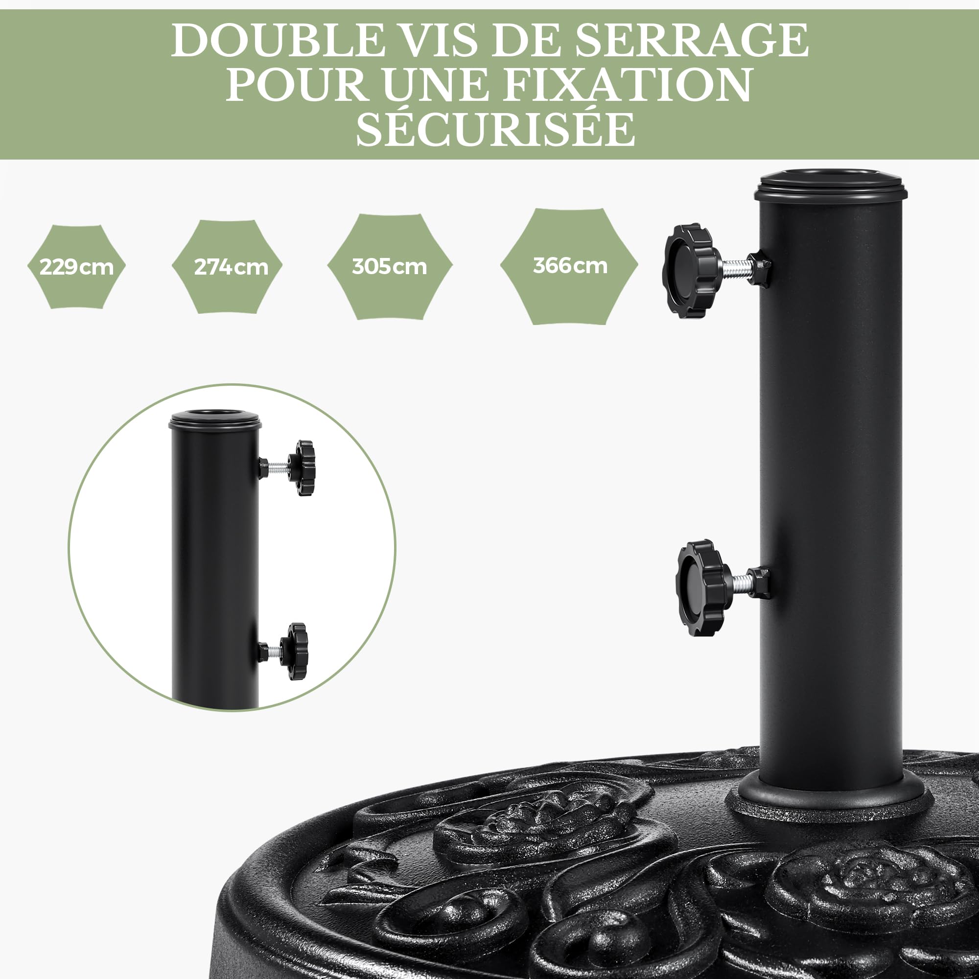 Yaheetech Pied de Parasol à roulettes 25 KG, Base de Parasol Vintage à Motif Rose pour Mât de Ø 34mm/38mm/48mm du Parasol, Support Pied Parasol pour Jardin, Terrasse, Plage (Noir)