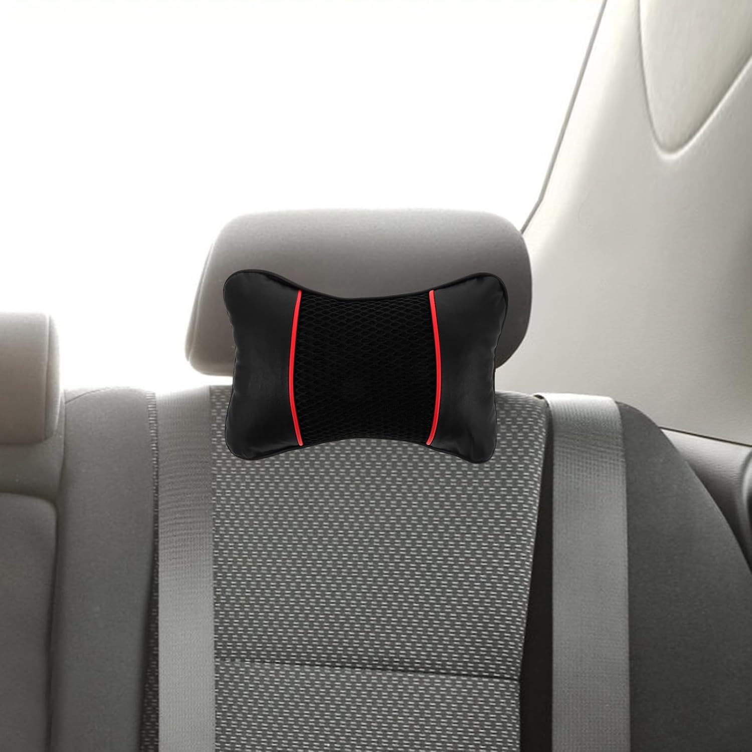 Amosfun Full Leather Car Neck Pillow High Elasticity Breathable Mesh Ergonomic Headrest for Comfortable Driving and Gaming for Travel and Long Journeys