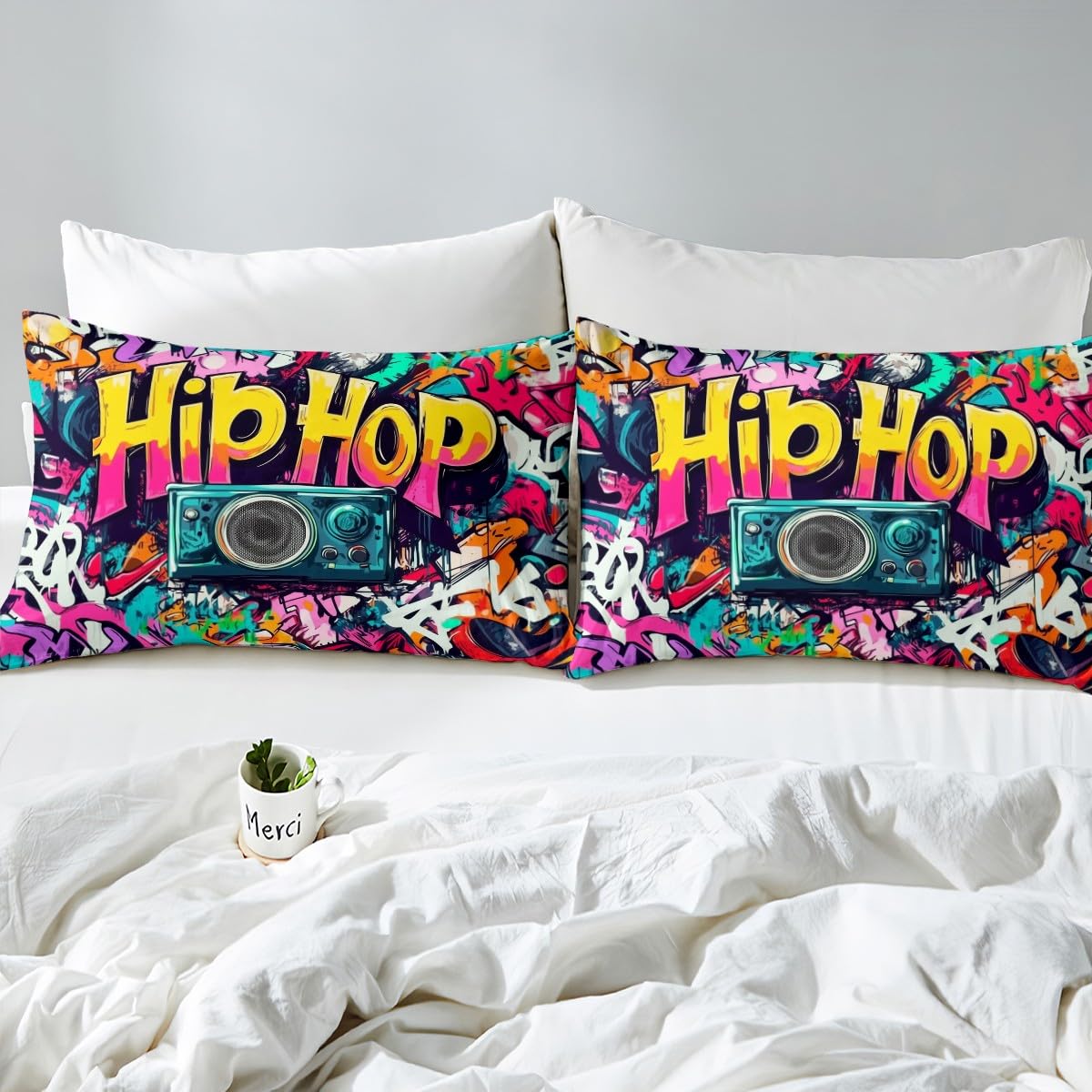 Set di biancheria da letto con copripiumino super king, motivo graffiti, per ragazzi e ragazze adolescenti, set di biancheria da letto a tema musica rock hippie, set di copripiumini hip hop colorato