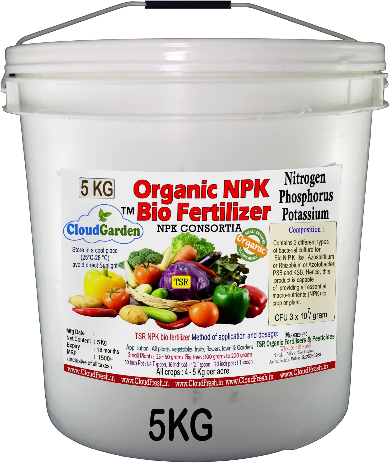 TSR Organic Fertilisers & Pesticides 3-in-1 Organic NPK Garden Fertilizer 5kg Bucket with Organic Nitrogen Phosphorous Potassium bio Fertilizer granules