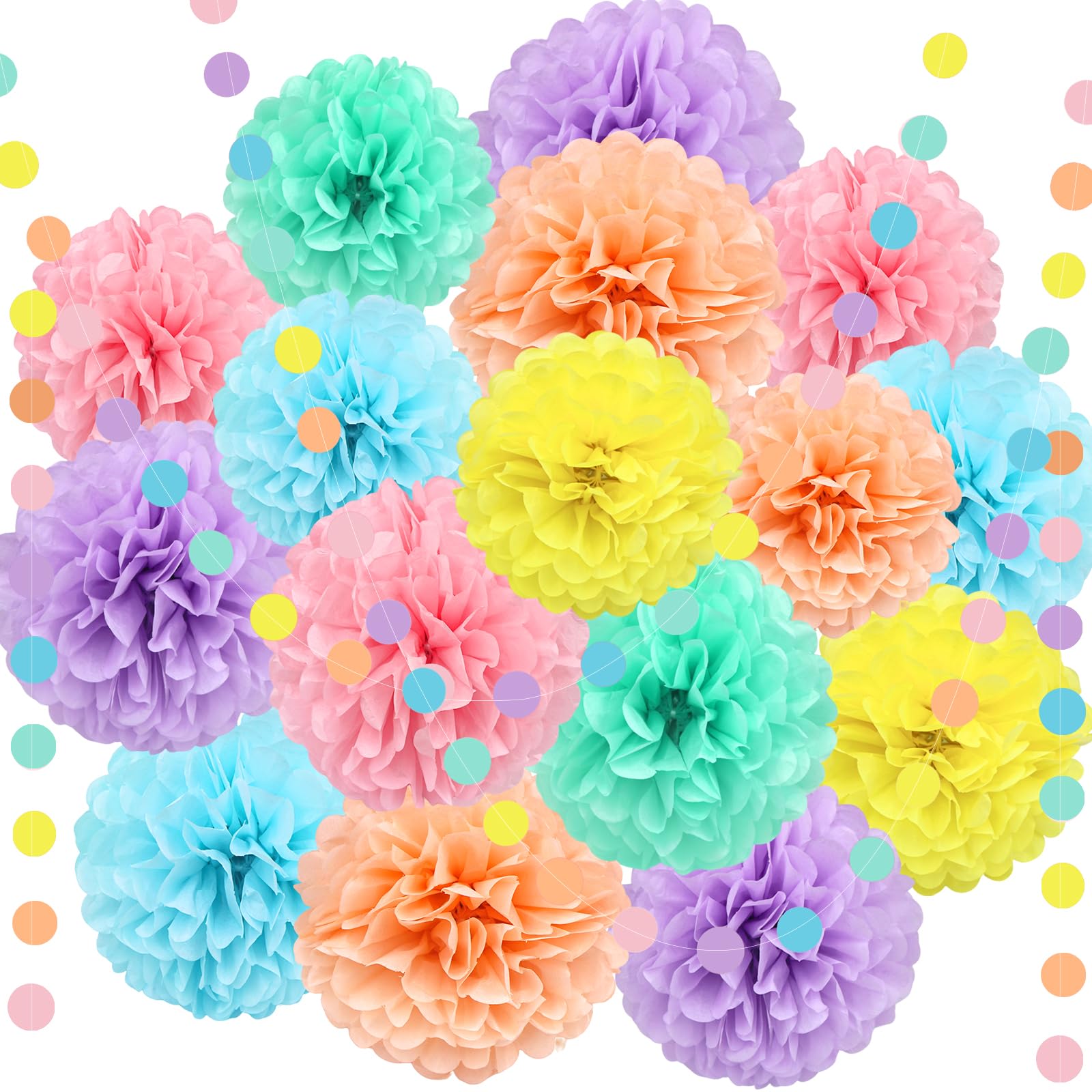 KAXIXI Macaron Colored Tissue Paper Pom Poms, Pastel Paper Pom Poms Circle Garland for Easter Party, Ice Cream Party Decorations, Wedding, Birthday, Bridal Shower, Bachelorette, Baby Shower, 16PCS