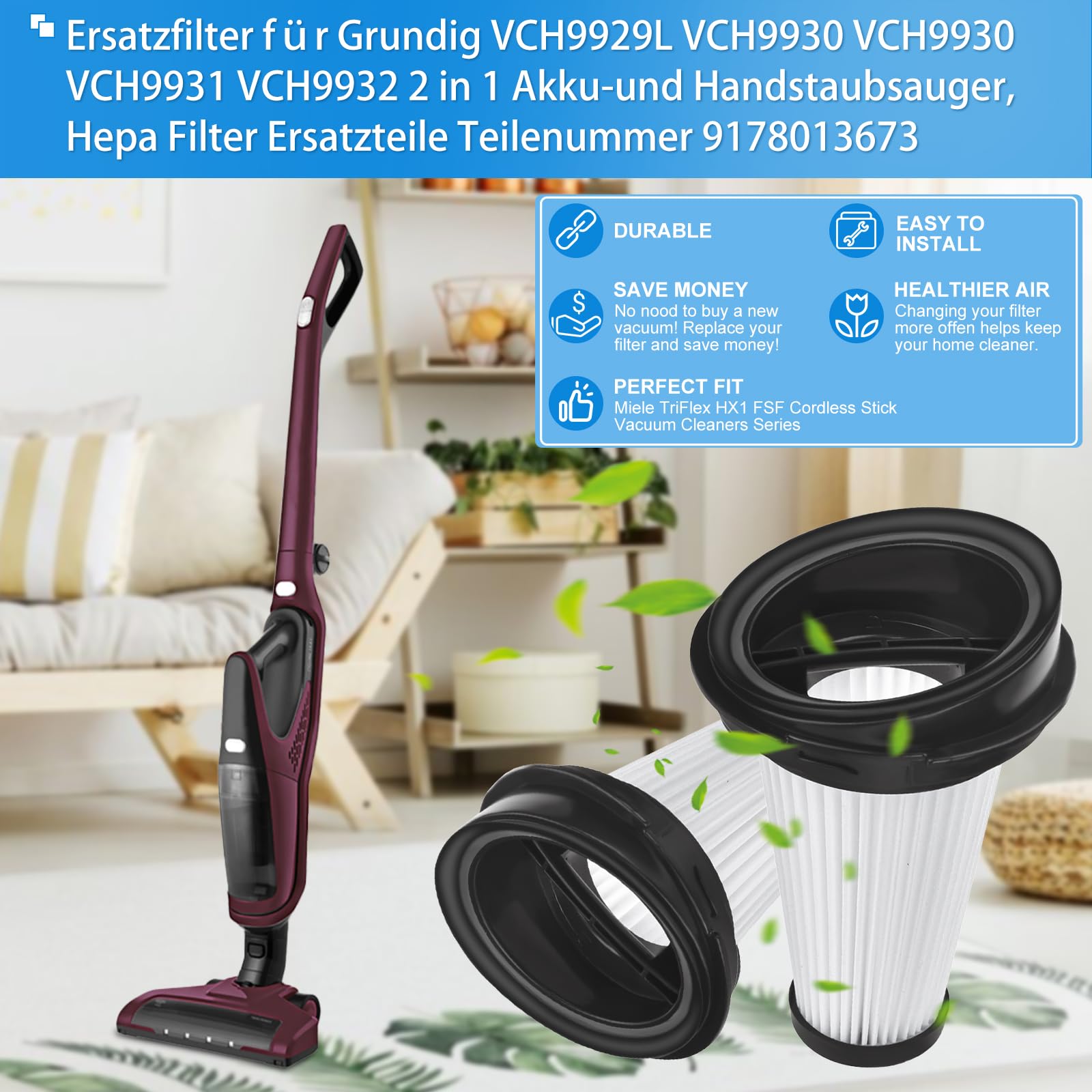 FUANA 2 filtri per aspirapolvere Grundig VCH9932, lunga durata, facili