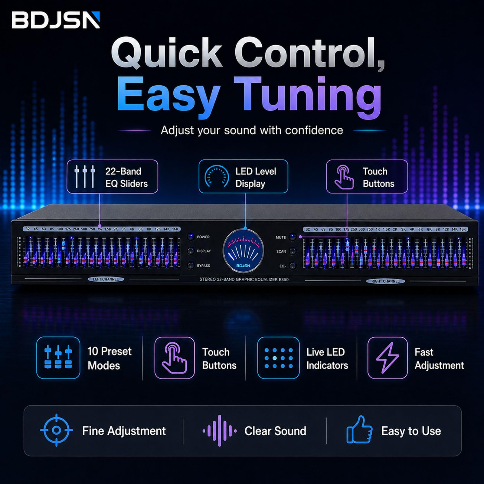 Zweikanaliger 22-Band-Stereo-Grafik-Equalizer, ±12 Db Audio-eq Mit Led-pegelanzeige, 10 Voreingestellte Modi, Rauschunterdrückung, Bass-, Mitten- Und Höhenregler Für Heimkino, Karaoke