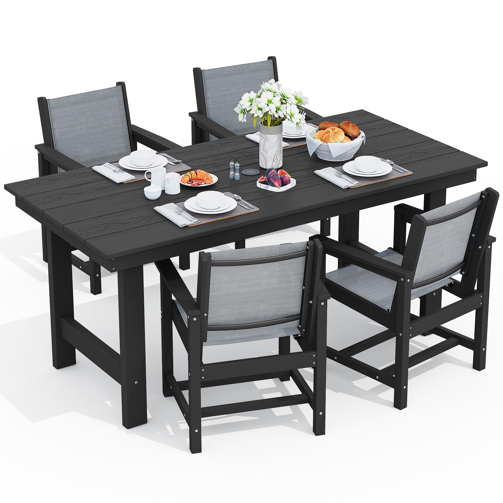 SERWALL 5 Pcs HDPE Patio Dining Set with 1 Table &amp; 4 Woven Chairs, Gray | HDPE Outdoor Dining Set with Rectangular Table &amp; 4 Woven Chairs, All-Weather Patio Dining Furniture