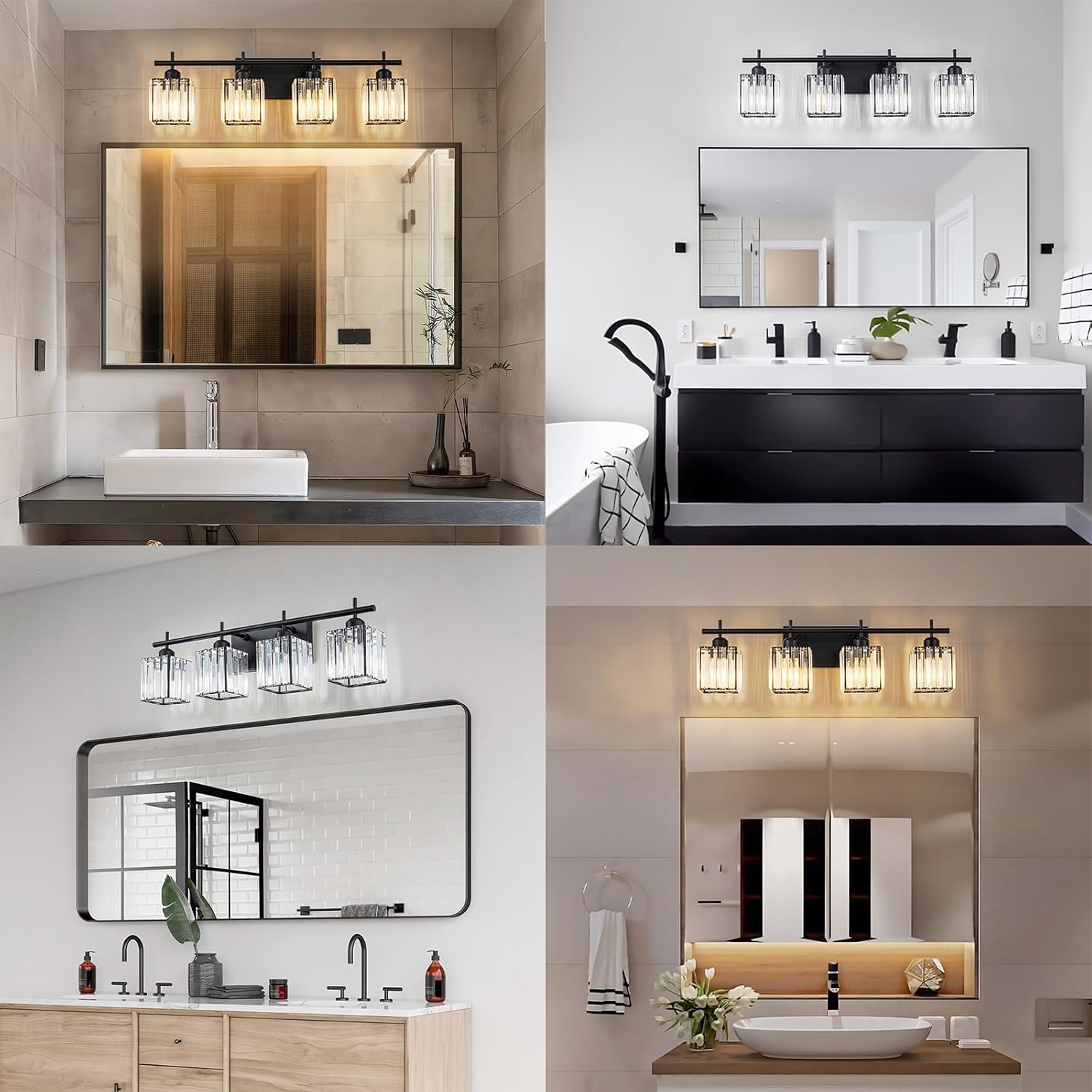 28.2" Modern Crystal Bathroom Vanity Lights, 4-Light Matte Black Wall Light Fixtures Bathroom Lighting Fixtures Over Mirror, 4 Bulb Vanity Lights for Bthroom Hallway