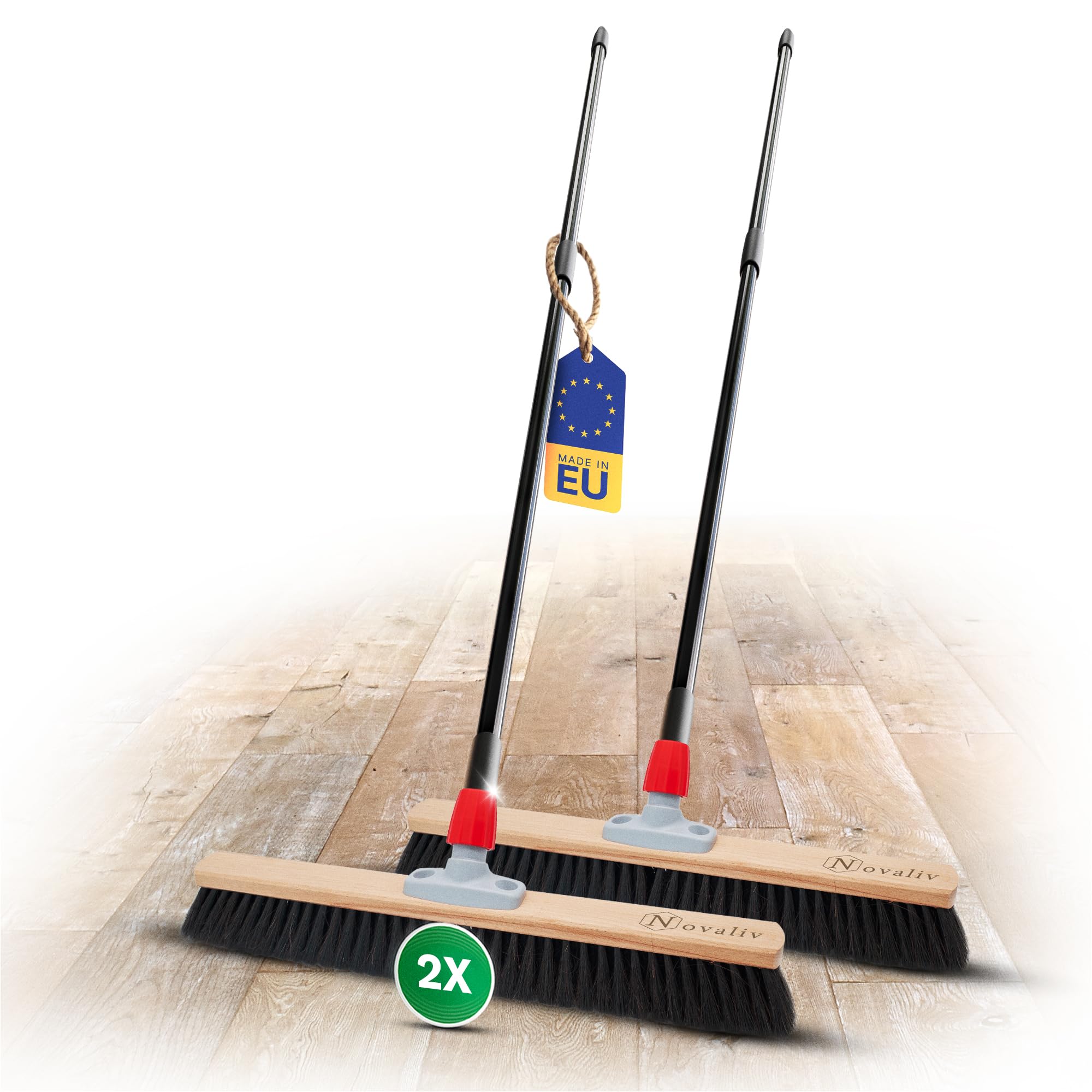 Novaliv 2 Escobas de Crin con Mango de 60 cm, Mango Telescópico Extensible, Crin Negra, Escoba Ancha, Doméstica, Taller, Balcón