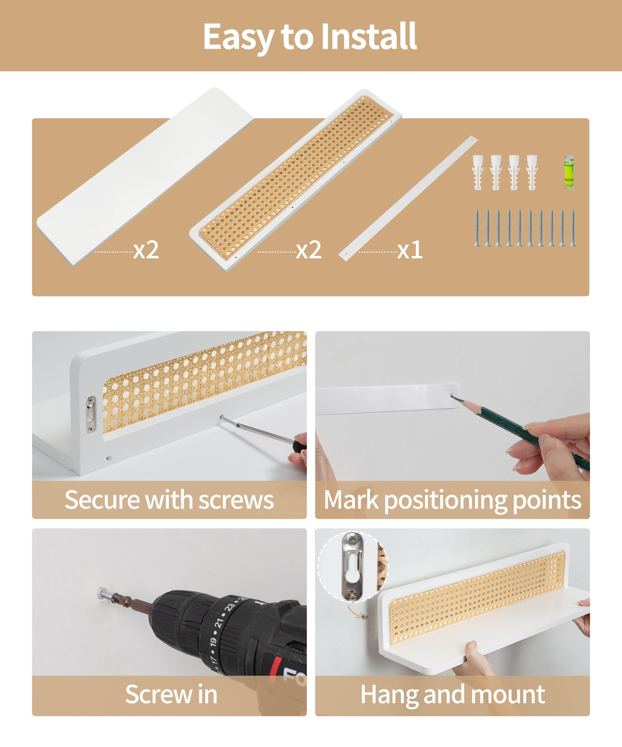 Estantería de Pared Larga Blanca, Balda Madera con Frente de Ratán | 60cm Estanteria Madera Juego de 2, Repisa, Almacenaje, Decoración, Balda Flotante para Fotos, Plantas, para Salón, Dormitorio