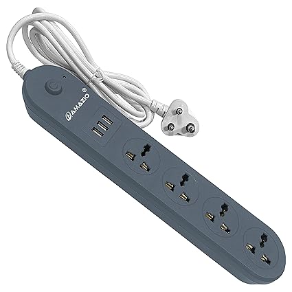 AMAZIO Extension Board with USB [ Shock Proof ] [ FIRE Proof ] [1.9 MTR Cord ] 10 A Power Strip with 4 Universal Socket and 3 USB Fast Charging Ports for Home Office (Extension_Grey)