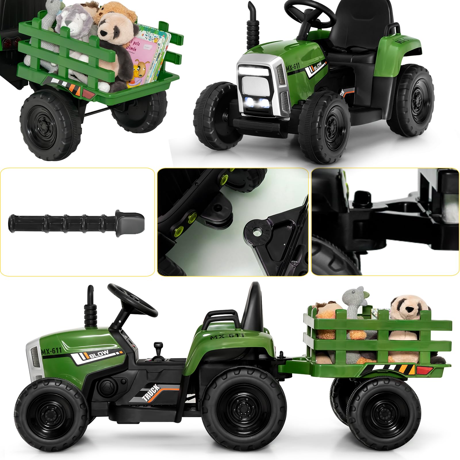 SOARS Spielzeugtraktor, Akku, 12 V, mit Fernbedienung, 2,4 G, 3 Geschwindigkeiten, Traktor mit elektrischem Anhänger mit Hupe/MP3/Bluetooth/USB/LED, Elektrotraktor für Kinder ab 3 Jahren