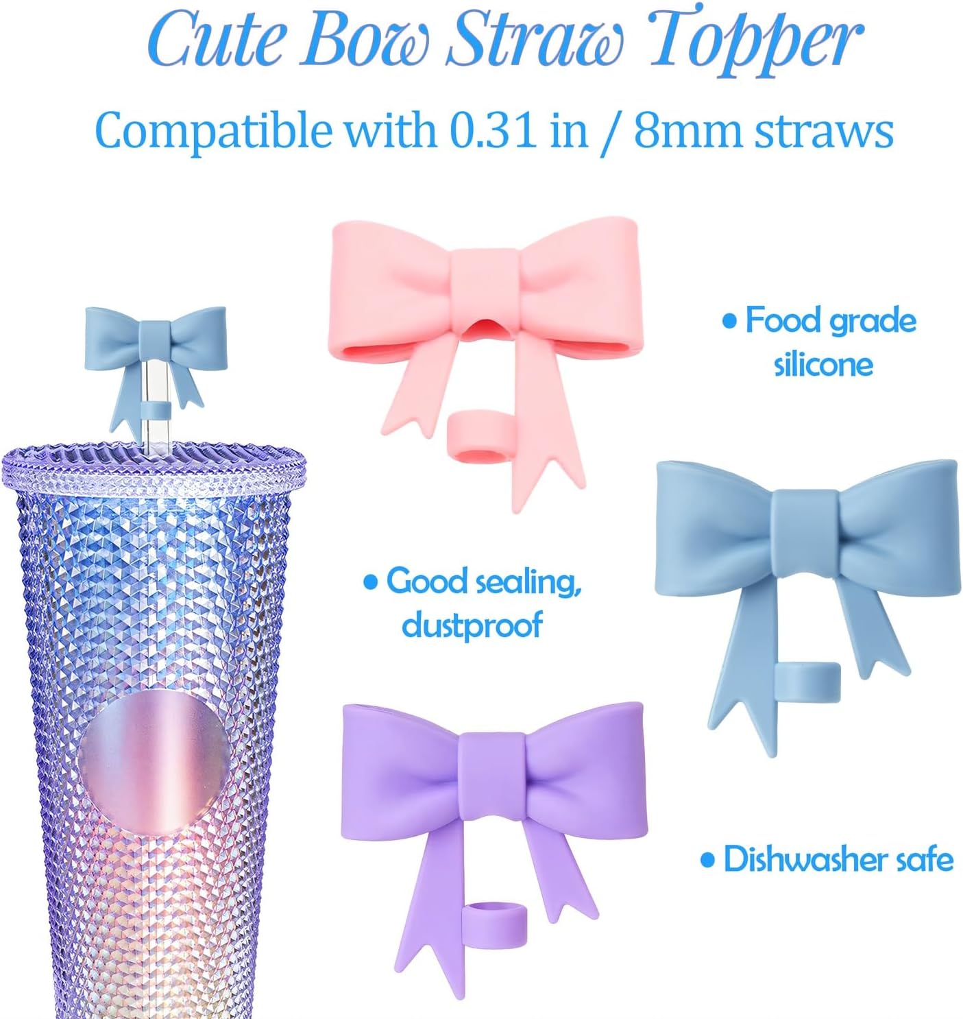 Bow Straw Topper for Starbucks Cup, 7-8mm (0.31inch) Cute Silicone Straw Cover for Tumblers, Dust-Proof Reusable Accessories Cap for Starbuck, Pink, Blue, Purple - Image 2