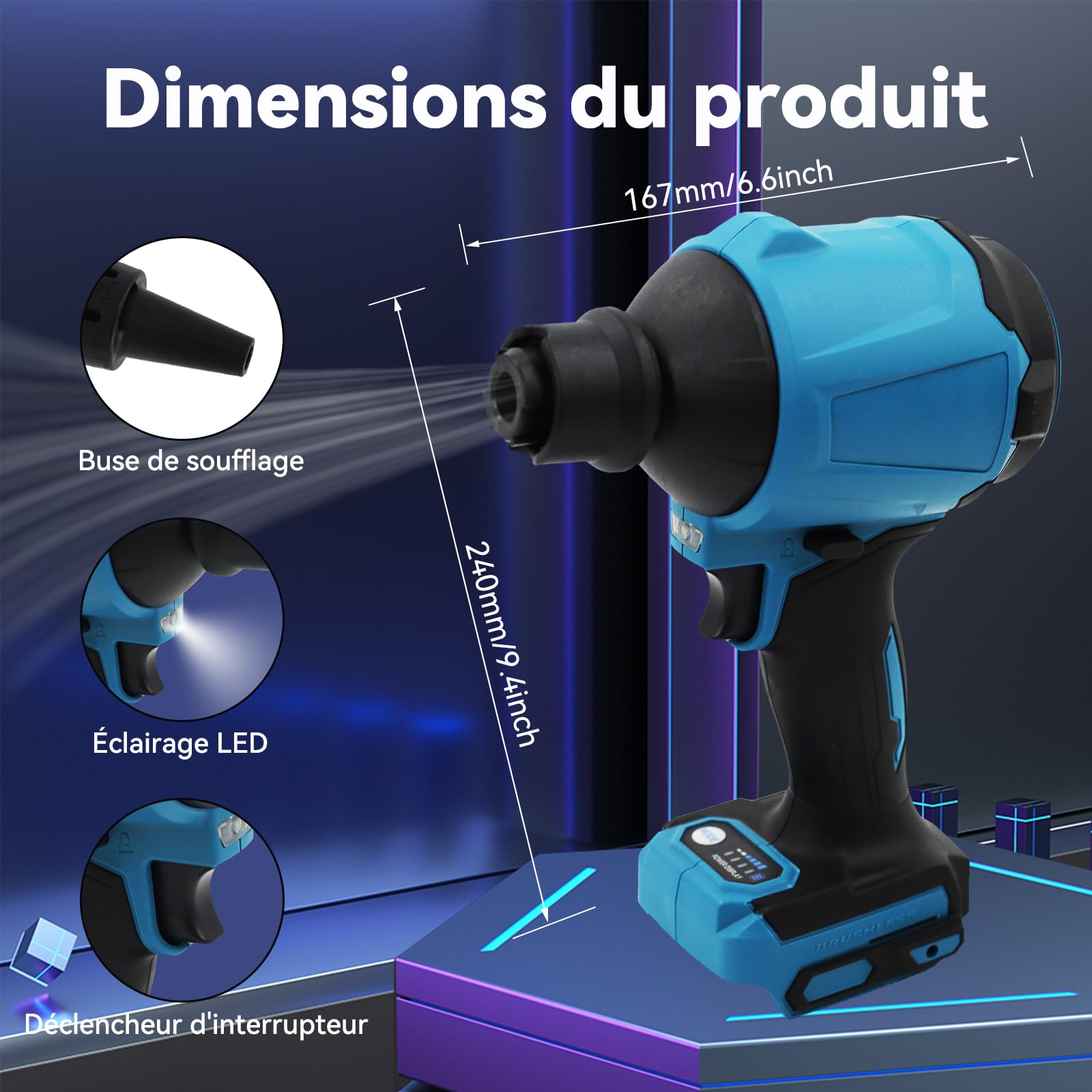 Souffleur haute vitesse 447 MPH sans balais compatible avec batterie Makita 14,4 V/18 V pour garage, atelier, nettoyage de la maison, outils uniquement, sans batterie