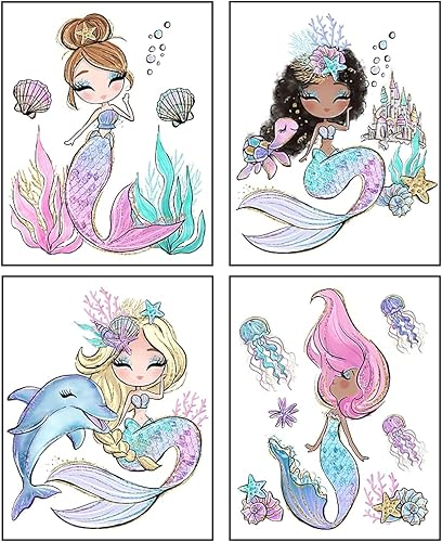 Arte de sirena para decoración de pared de baño, impresiones artísticas de sirena para dormitorio de niñas, juego de 4 carteles sin marco (8 x 10 Arte de sirena para decoración de pared de baño, impresiones artísticas de sirena para dormitorio de niñas, juego de 4 carteles sin marco (8 x 10