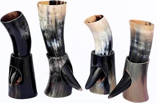 Juego de 4 cuernos vikingos naturales con soporte de inspiración medieval, vasos para beber cerveza antigua