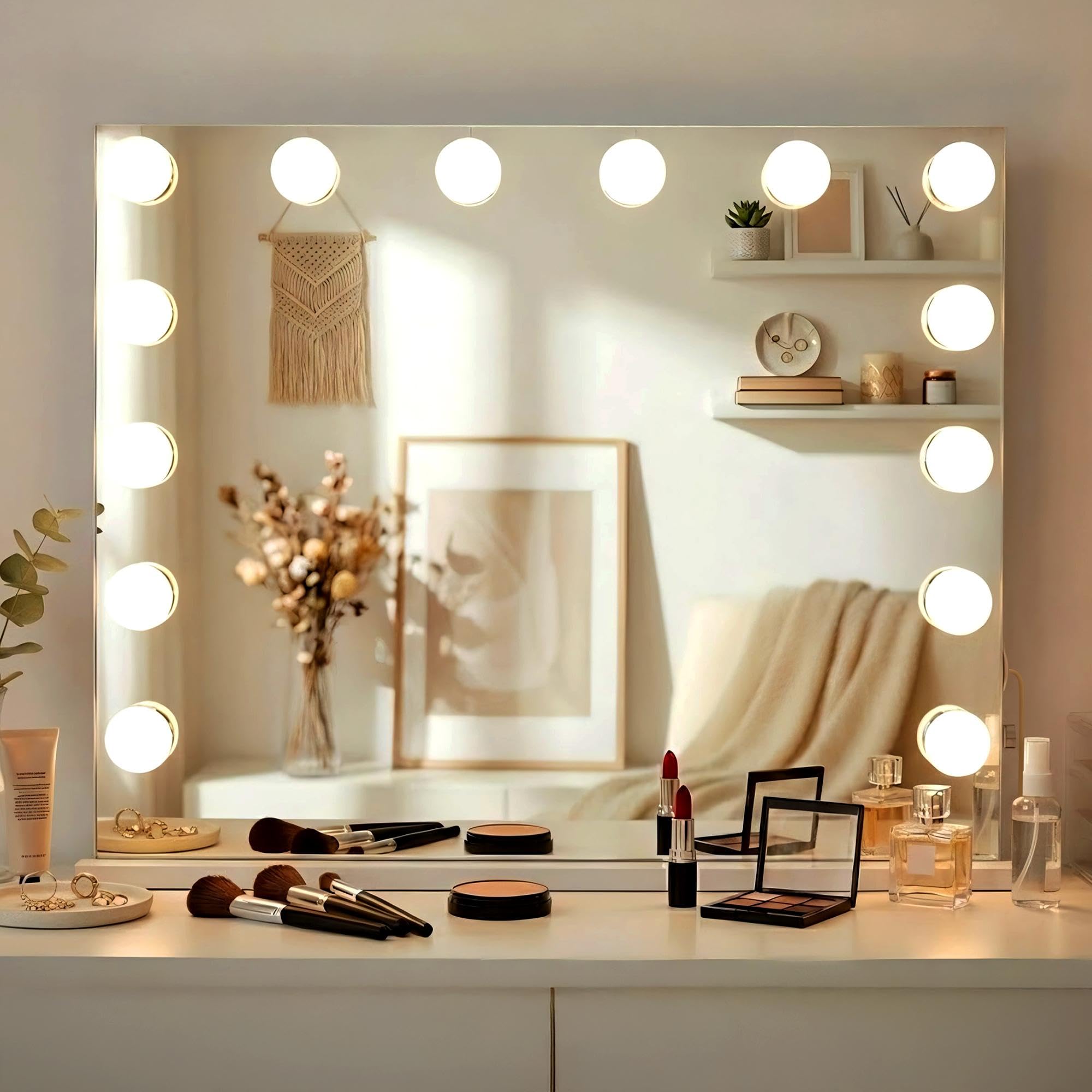 CLP Espejo de Maquillaje con luz Regulable Valencia, Espejo cosmético con USB-A, Estilo Hollywood para Pared o sobremesa | Color Blanco