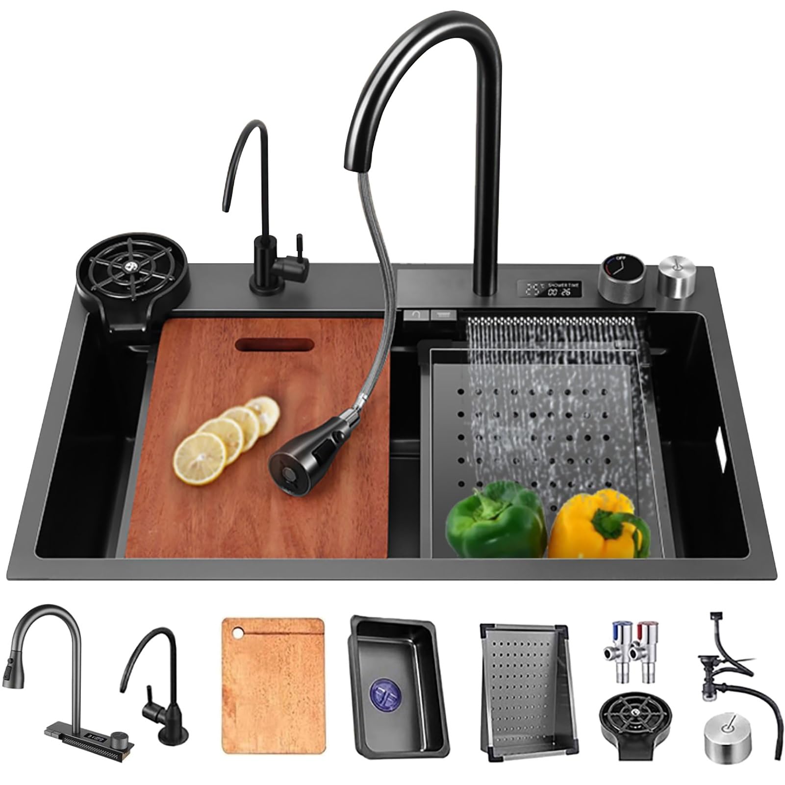 75x50cm Fregadero De Cocina En Cascada Negro, Fregadero Nano De Acero Inoxidable, Fregadero Para El Hogar, Lavabo Para Verduras, Fregadero Individual, Estación De Trabajo