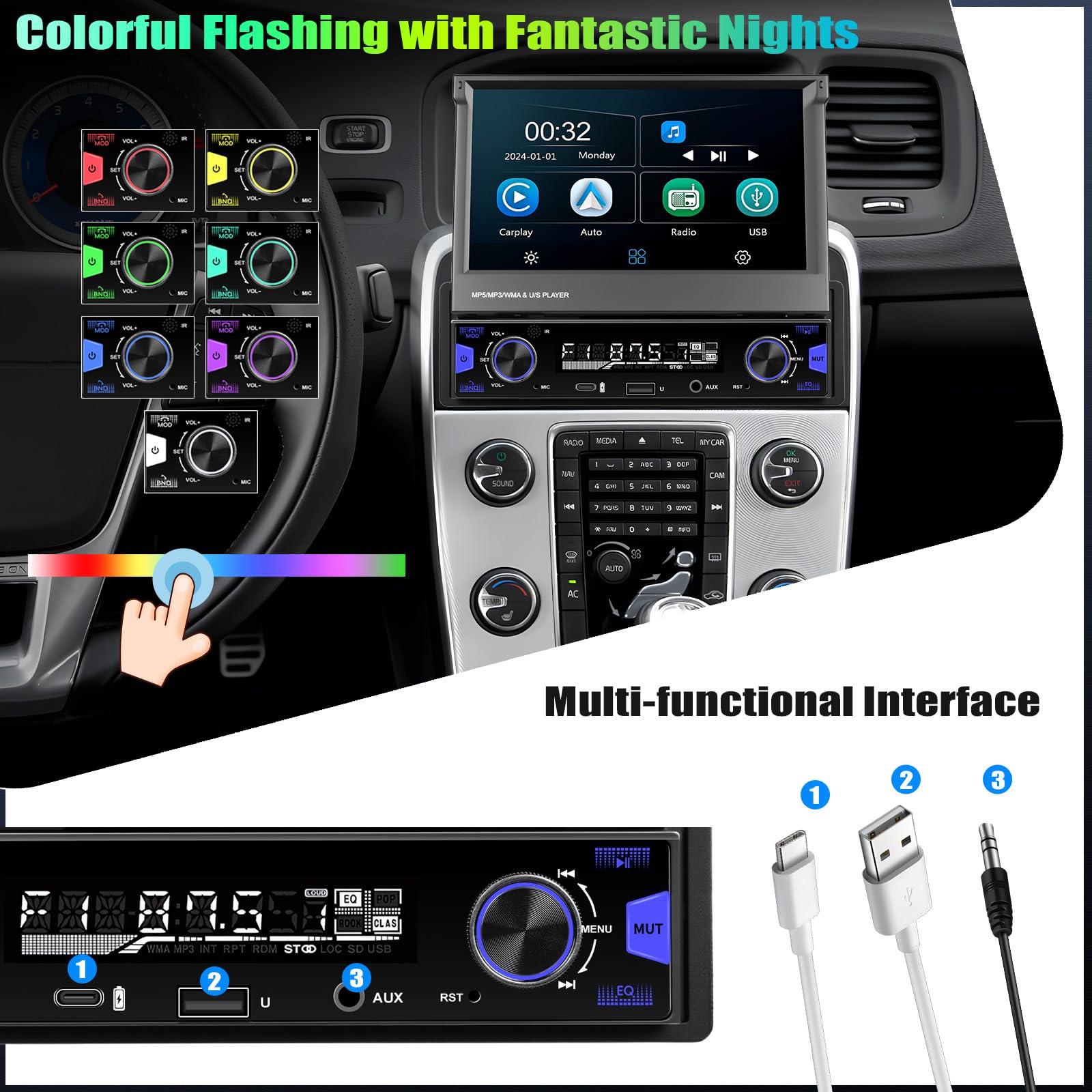 CAMECHO Radio de Coche 1 Din con Pantalla Táctil HD Inalámbrica Carplay, 7 Pulgadas Pantalla Retráctil Manual de Radio Bluetooth con Android Auto FM/AM/RDS Manos Libres Mirror Link Control del Volante