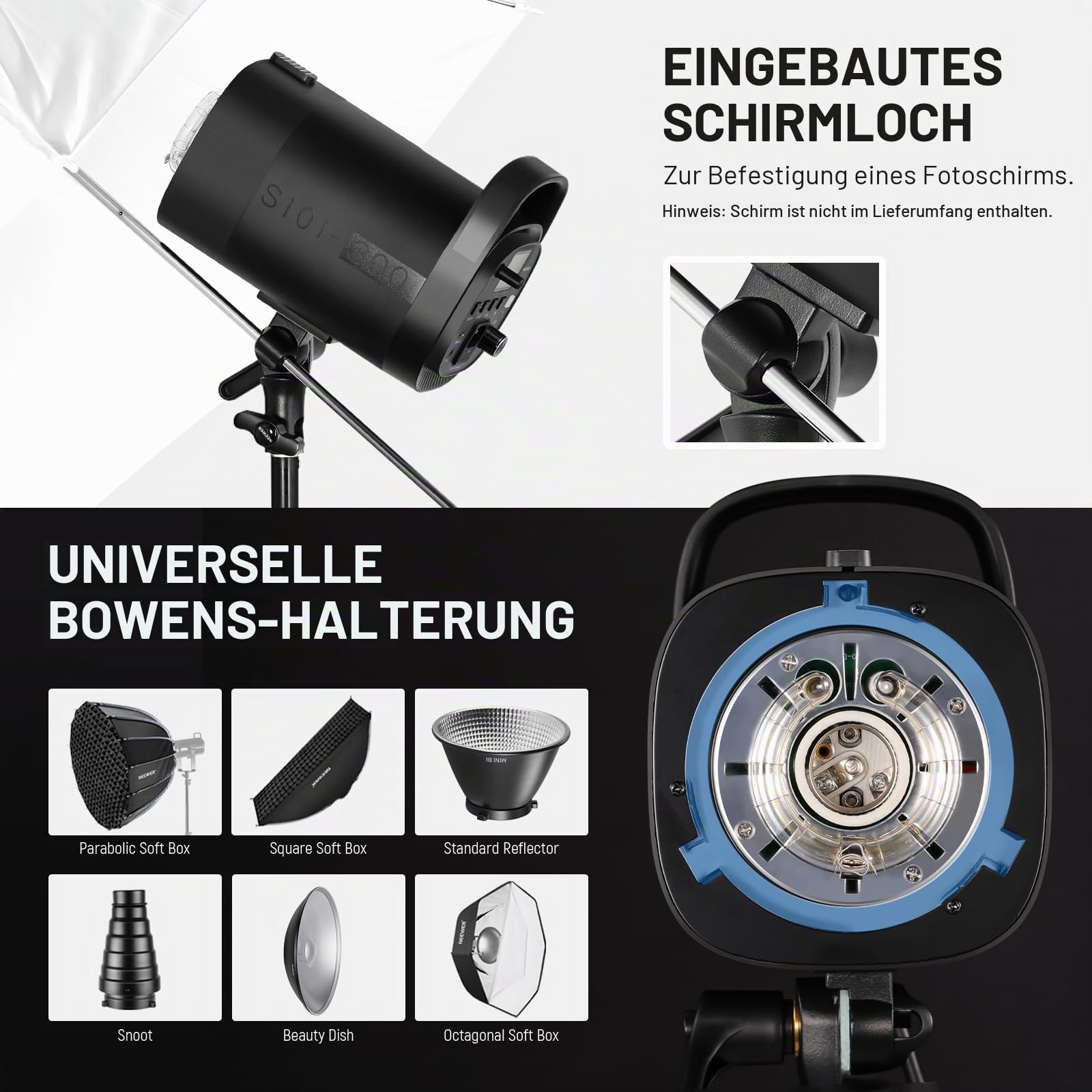 NEEWER S101-300W PRO Studio Flash Blitzlicht Studioblitz mit 2,4G Auslöser 150W Einstelllampe 300Ws GN58 5600K Bowens Mount Reflektor S1/S2 Modus leiser Lüfter kompatibel mit QPRO für Produktaufnahmen