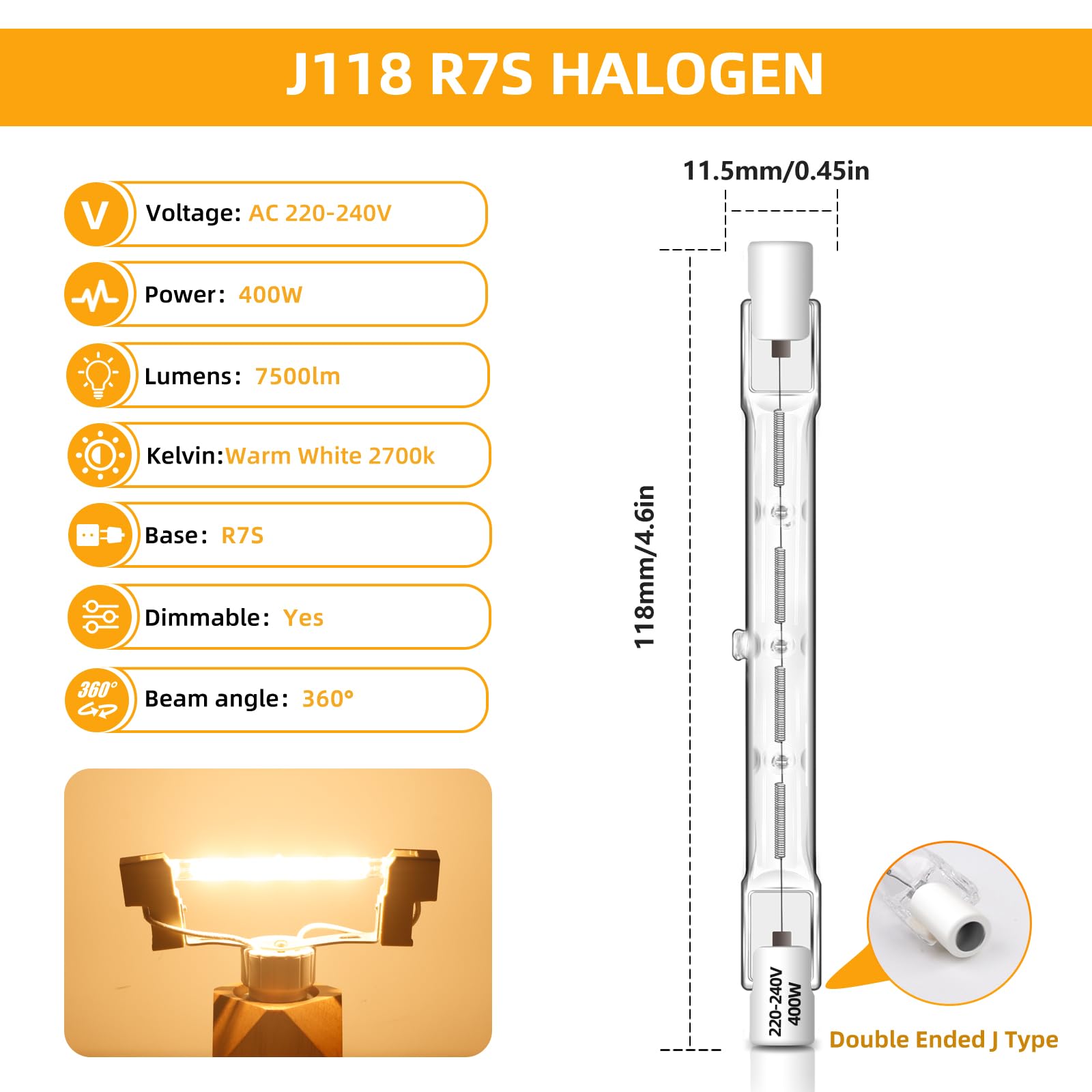 Caldarax Żarówka halogenowa R7s 118 mm 400 W ściemniana, żarówka bezpieczeństwa J118, 230 V 7500 lm 2700 K, ciepła biel, liniowe żarówki halogenowe do pracy, reflektory, oświetlenie krajobrazu, lampa