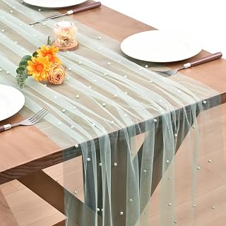 Sage Green Pearl Fall Thanksgiving Table Runner Boho Rustic Tulle Lace Table Runner for Baby Shower Wedding Arch Decor Veil Dessert Table Decor
