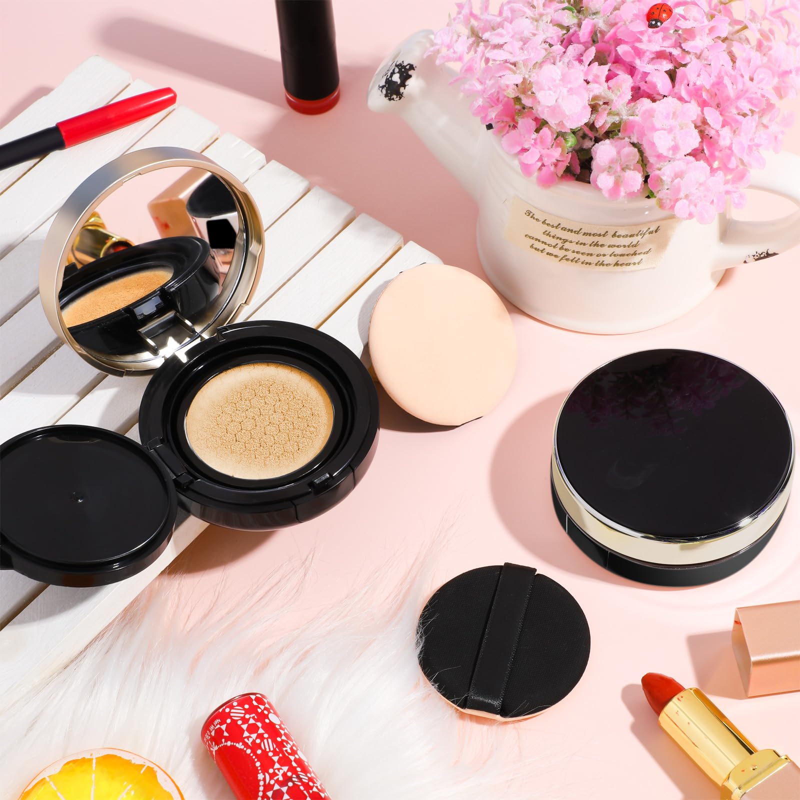 Zopeal 2 Pieces Empty Cushion Foundation Box Portable Cushion Puff Box Refillable Powder Puff Box Empty Powder Container with Sponge Powder Puff for Women Travel Vacation, Black, 0.5 oz