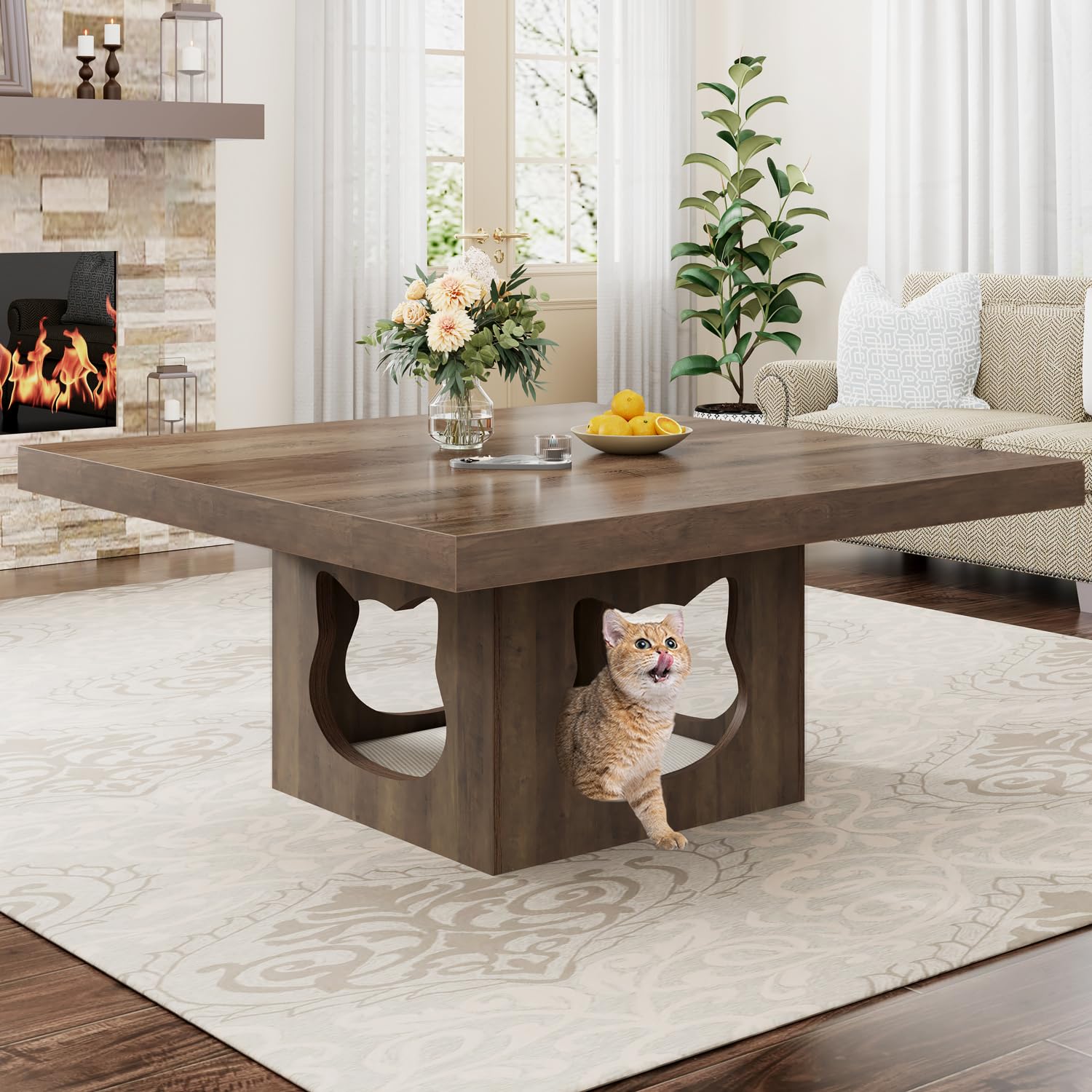 HSH Square Coffee Table, Rustic Wood Coffee Table for Living Room, Farmhouse Center Table with Cat House Cushion, Industrial Storage Cocktail Table for Home Office Bedroom, Rustic Oak, 90 cm