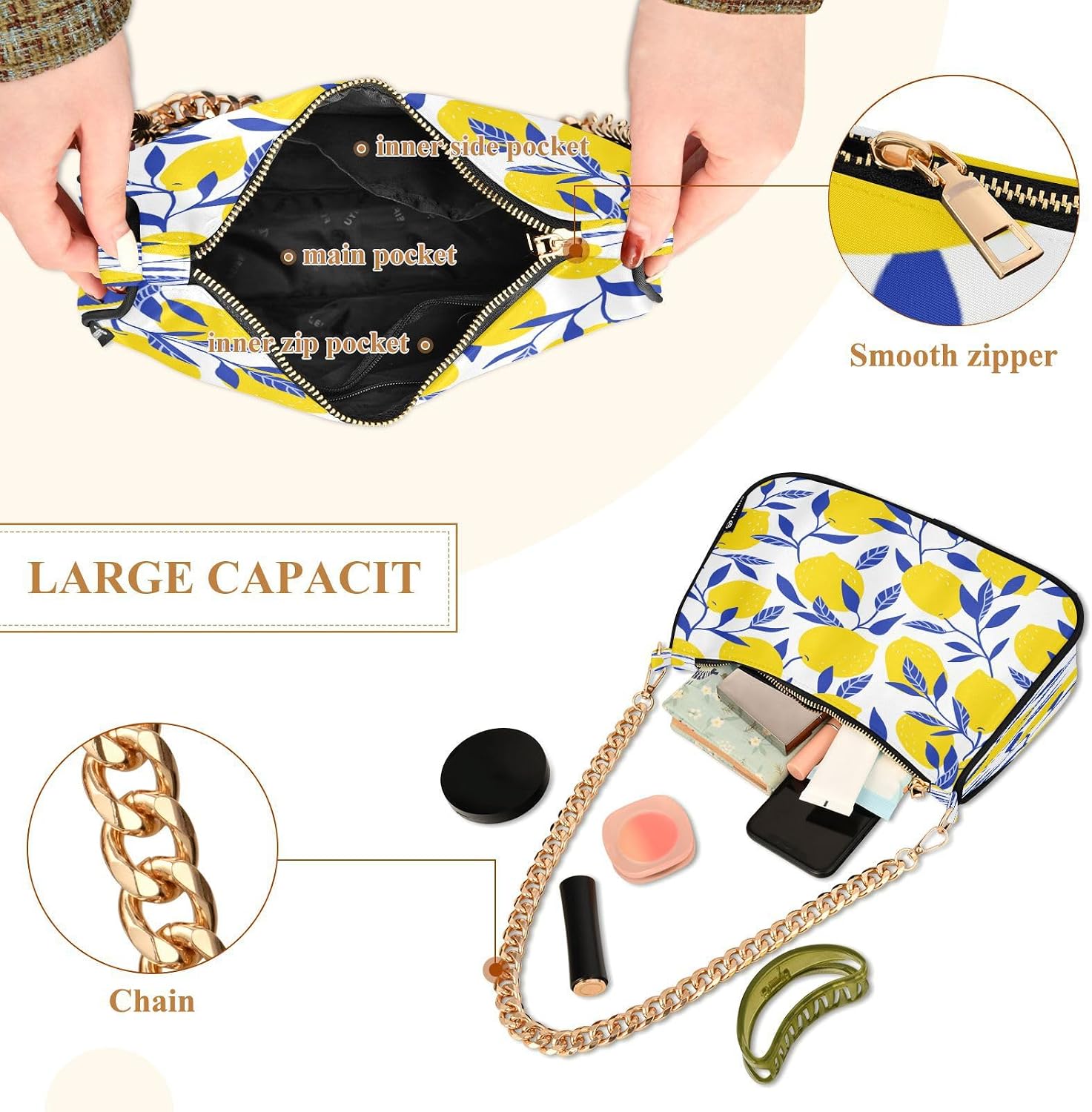 Shoulder Bags for Women Vintage Yellow Lemon Fruit and Blue Print Hobo Tote Handbag Small Clutch Purse with Zipper Closure