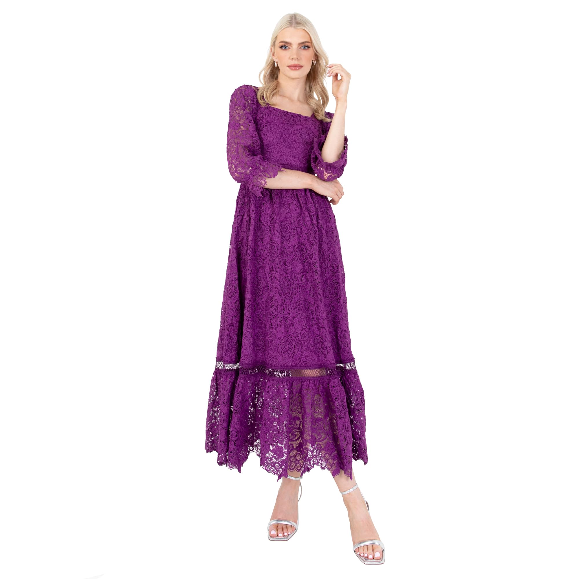 Lovedrobe Women's Midaxi Dress Ladies Lace Square Neckline Long Sleeve High Waist Empire A-Line for Wedding Guest Evening Occasion Dress, Purple
