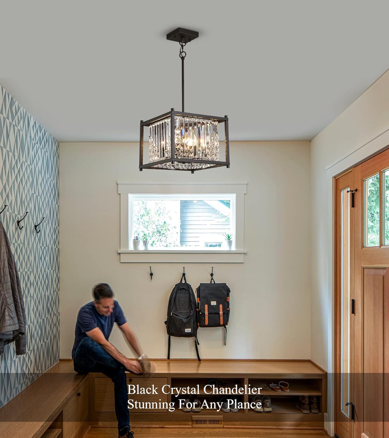 Q&S Modern Chandelier,Farmhouse Industrial Black Square Crystal Chandeliers 4 Lights Hanging Pendant Light Fixture for Dining Room Hallway Entryway Kitchen Island UL Listed