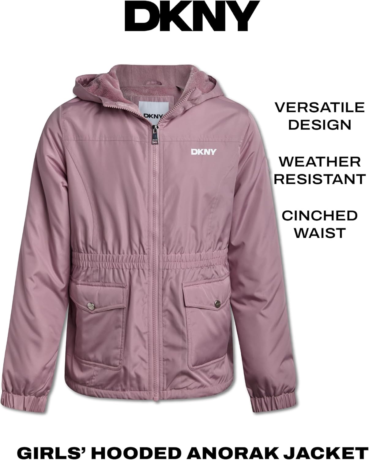 DKNY Girls Winter Jacket - Cozy Sherpa Fur Lined Weather Resistant Anorak Jacket - Full Zip Hooded Jacket for Girls - Image 3