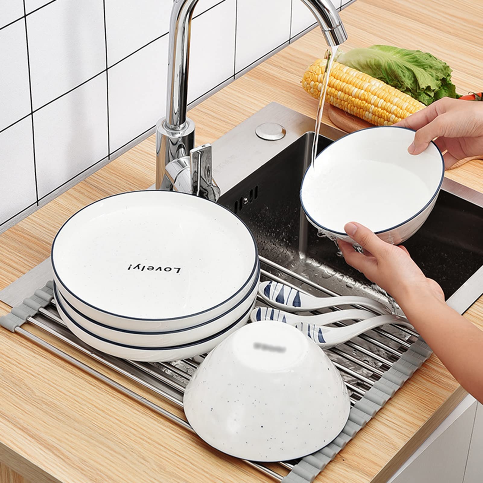 Escurridor de platos de silicona ajustable para frutas y verduras, colador de fregadero (52,5 x 40,5 cm), ahorra espacio, fácil de limpiar, duradero y versátil